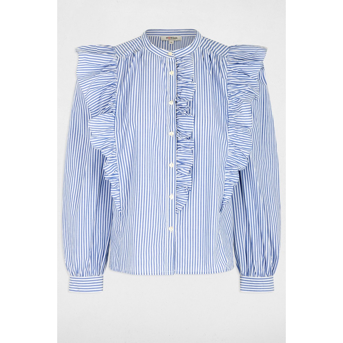 Chemise rayée col mao bleu ciel, MORGAN