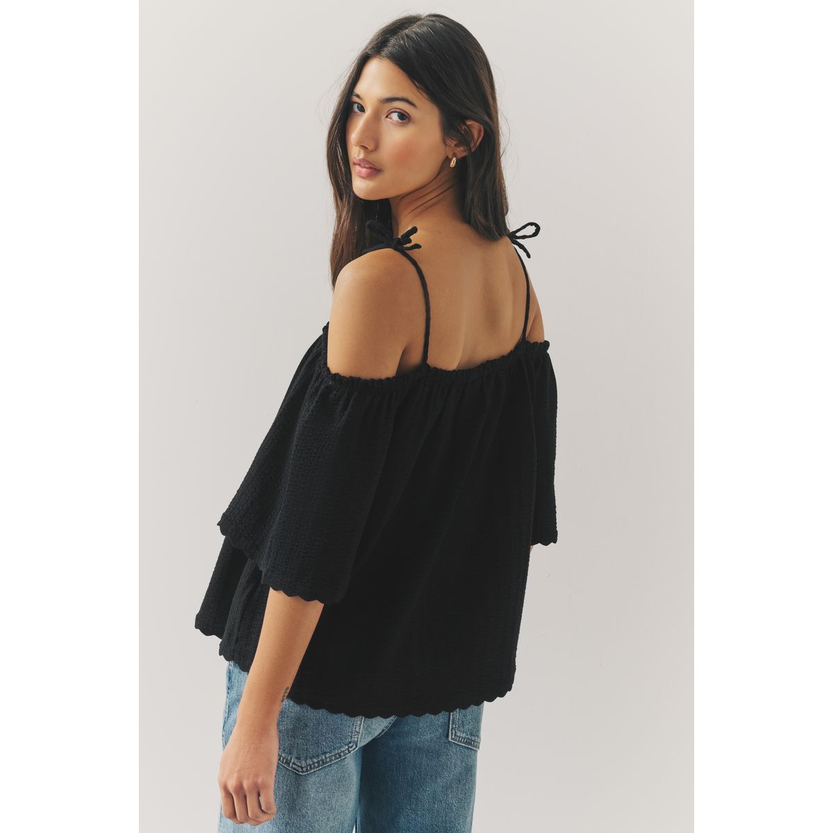 Haut bardot manches courtes 100 % coton noir, NEXT