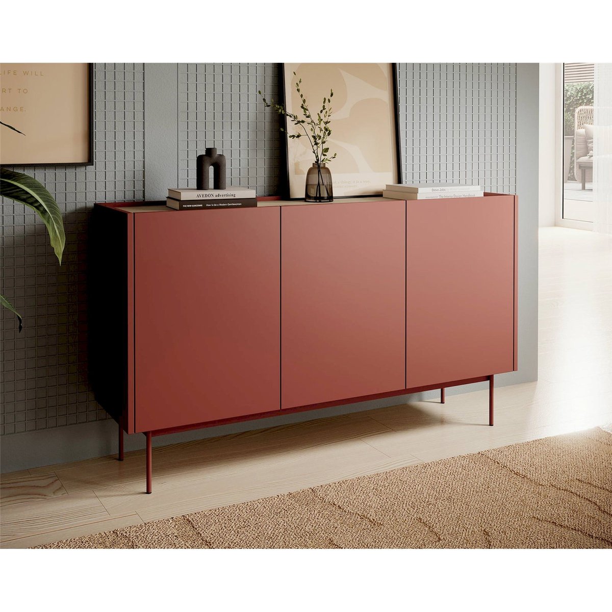 Buffet 3 portes collection COLOR brique et chêne linea, RECOLLECTION