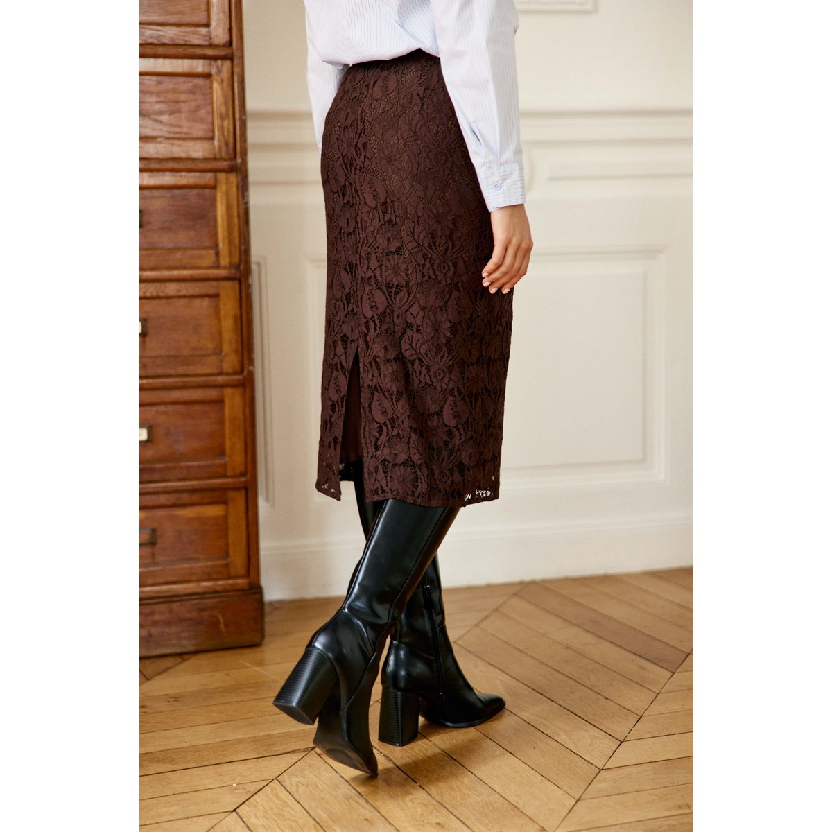 Jupe longueur midi droite uni JULANA 16-marron, LA PETITE ETOILE