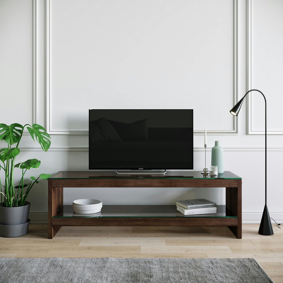 Meuble TV en bois brun et verre - 140 cm LHASA bois naturel, PIER IMPORT