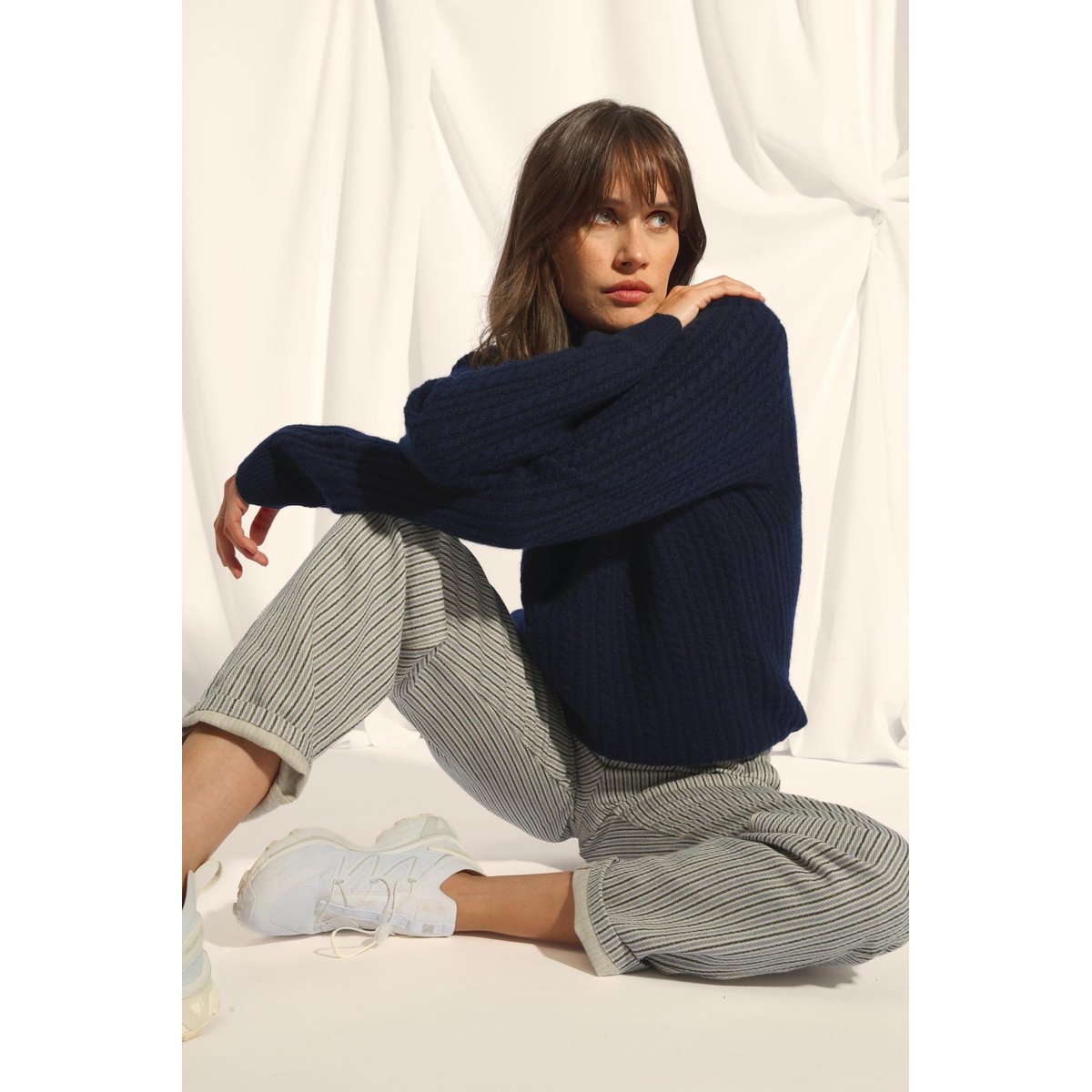Pull Col Rond 4 Fils Navy Sarah bleu foncé, JUST CASHMERE