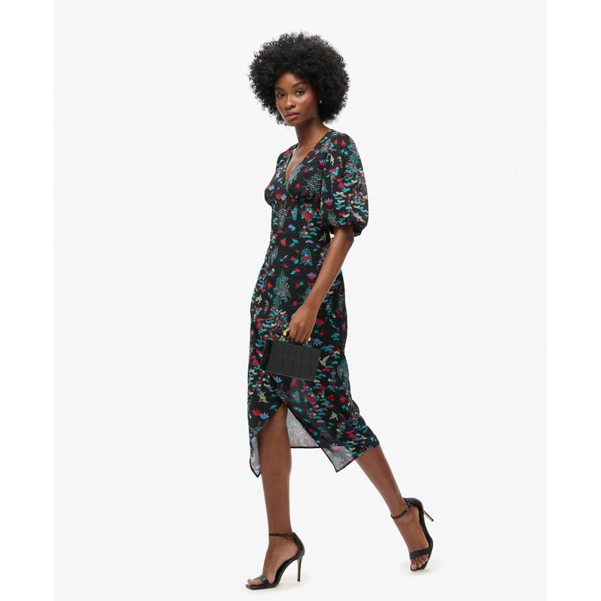 Robe mi-longue transparente à manches courtes noir imprimé grue, SUPERDRY