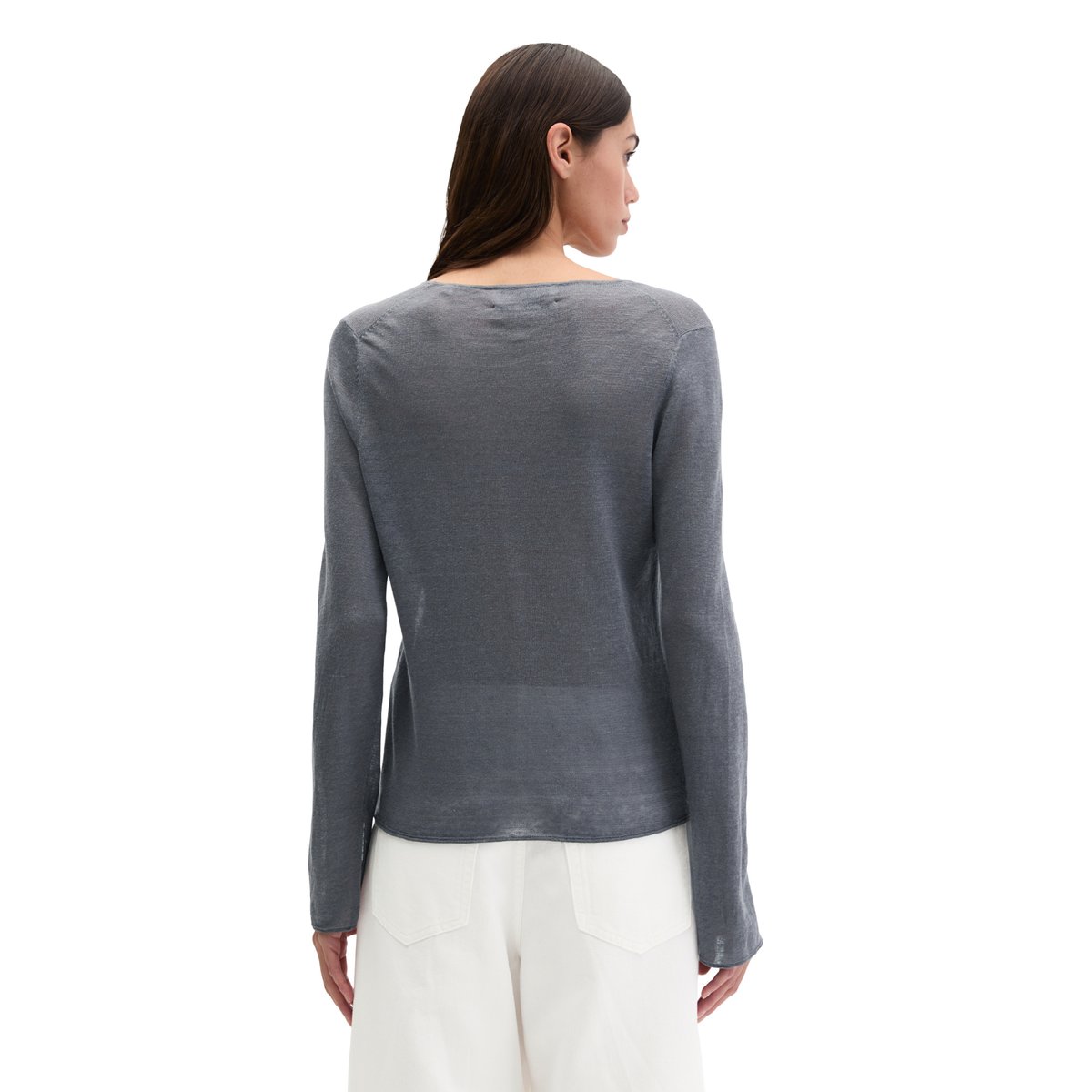 Pull en lin regular avec encolure ronde gris foncé, MARC O'POLO