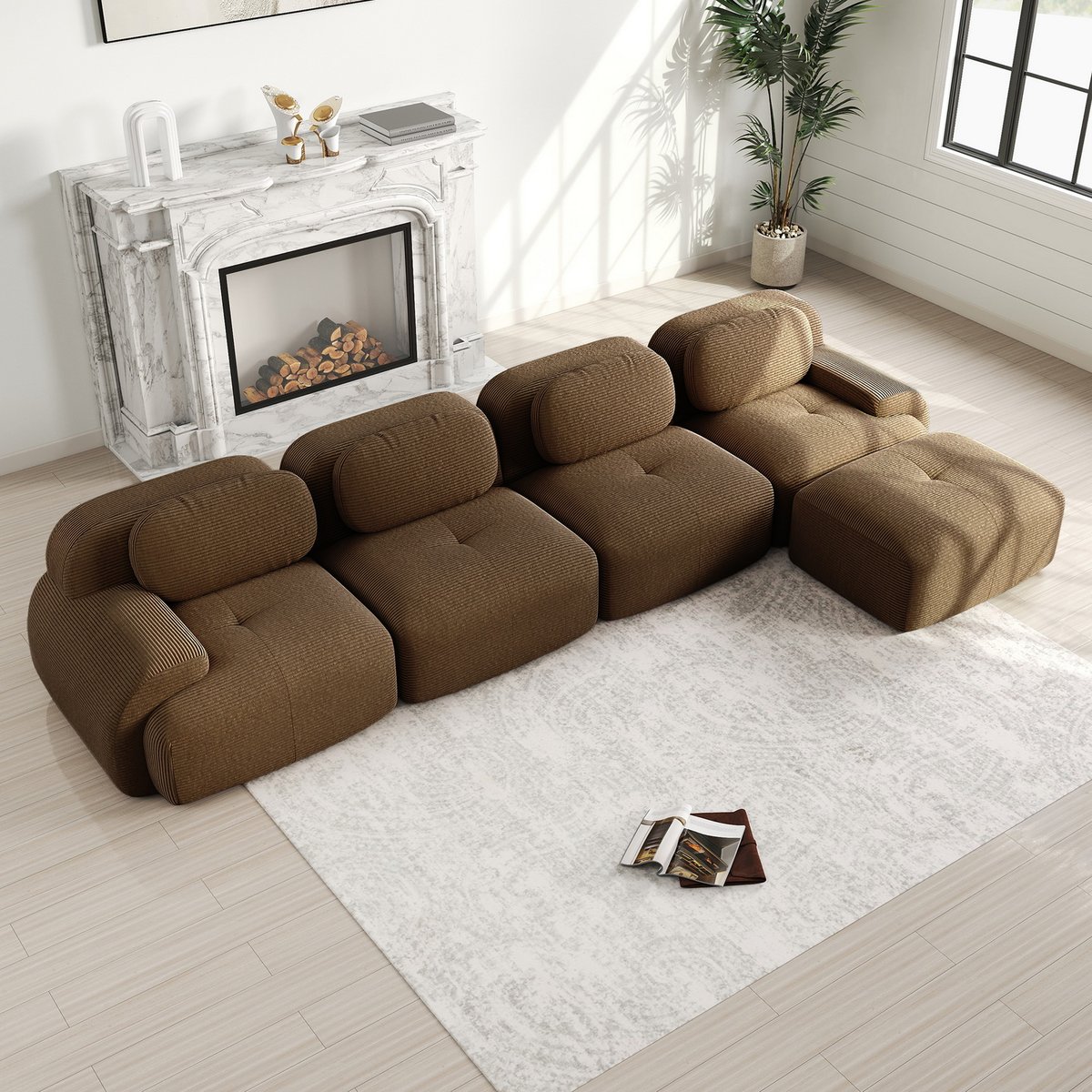 Canapé droit 4 places avec pouf en velours côtelé design moderne, SNOW marron, MEUBLES COSY