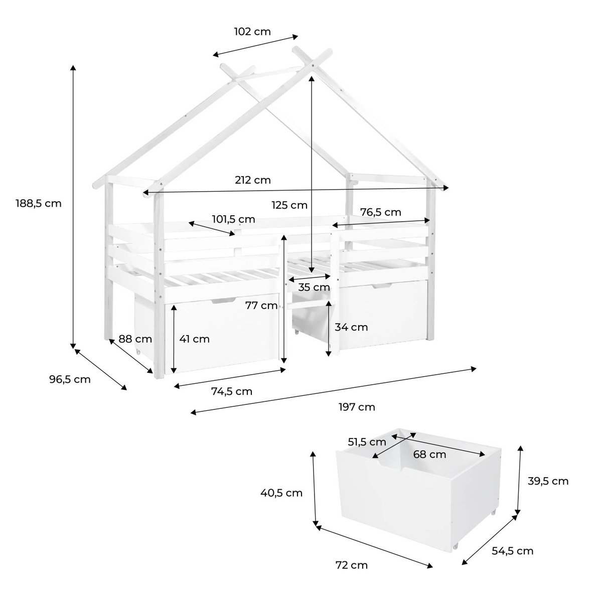 Lit cabane enfant 90 x 190 cm bois de pin sommier à lattes inclus et 2 tiroirs SIENNA blanc, SWEEEK