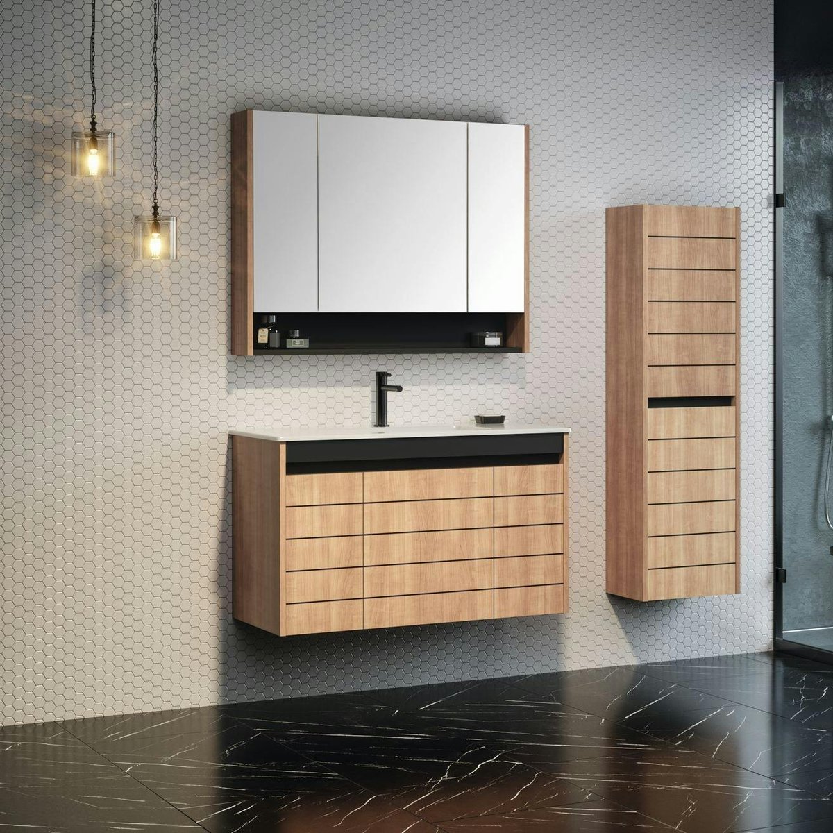 Meuble vasque suspendu 100 cm décor chêne 3 portes AÏGA bois naturel, PIER IMPORT