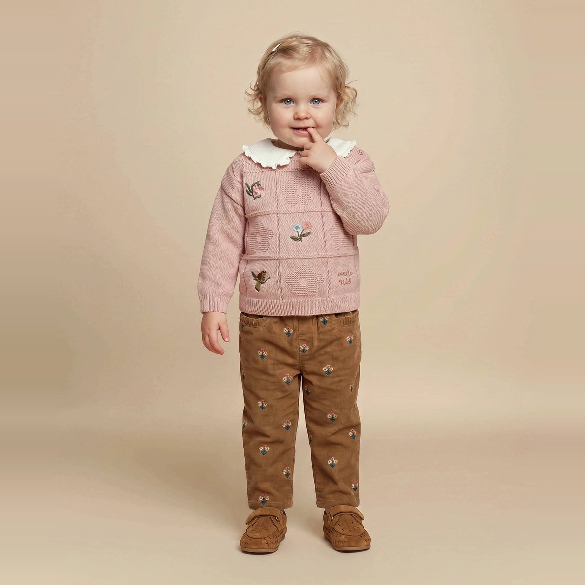Pantalon taille élastique en velours brodé en coton BIO GOTS velouté, BOUT'CHOU