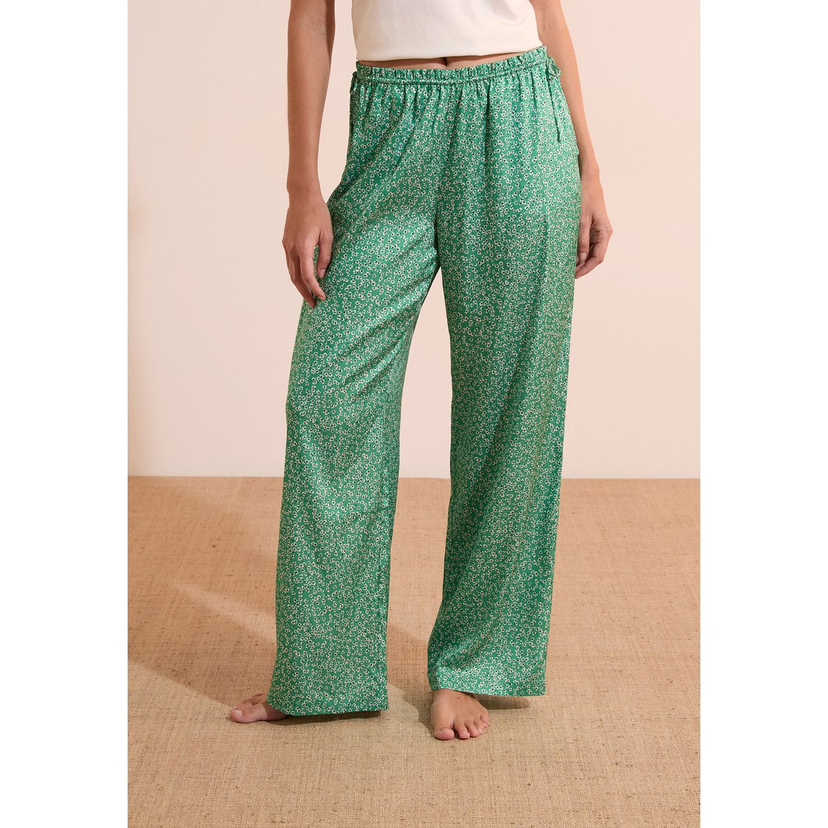 Pantalon de pyjama satiné à motifs TEVERDE imp fond vert, ETAM