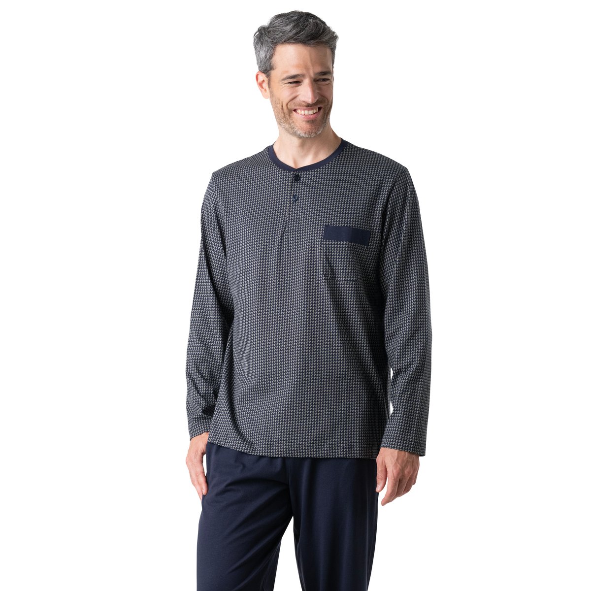 Pyjama aec poche poitrine, col tunisien bleu marine/vert, EMINENCE