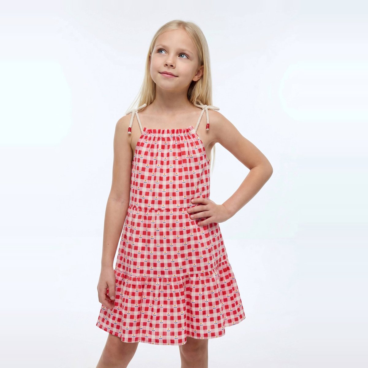 Robe midi à bretelles imprimée en coton rouge, MONOPRIX