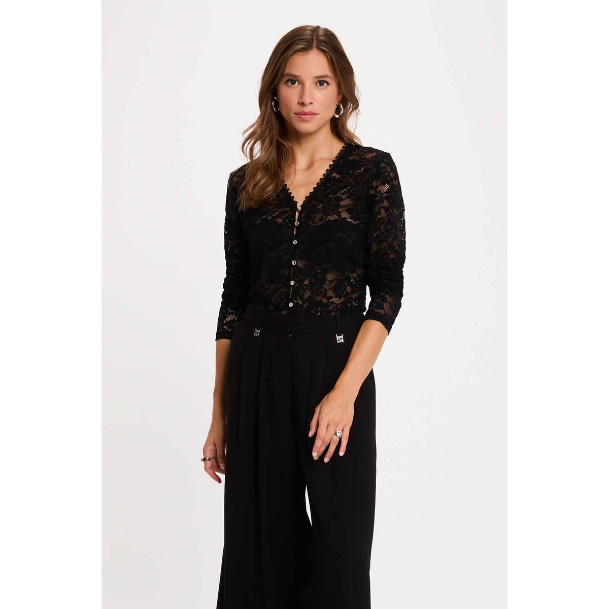 Chemise en dentelle col v noir, MORGAN