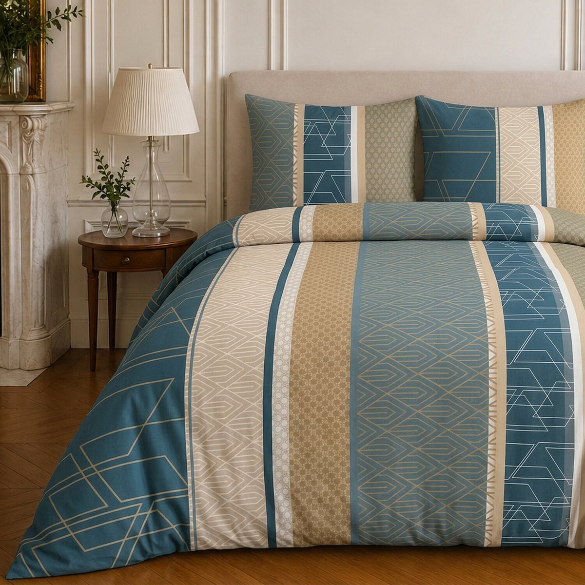 Parure de lit en microfibre motif géométrique, ULYSSE bleu marine, C DESIGN HOME TEXTILE