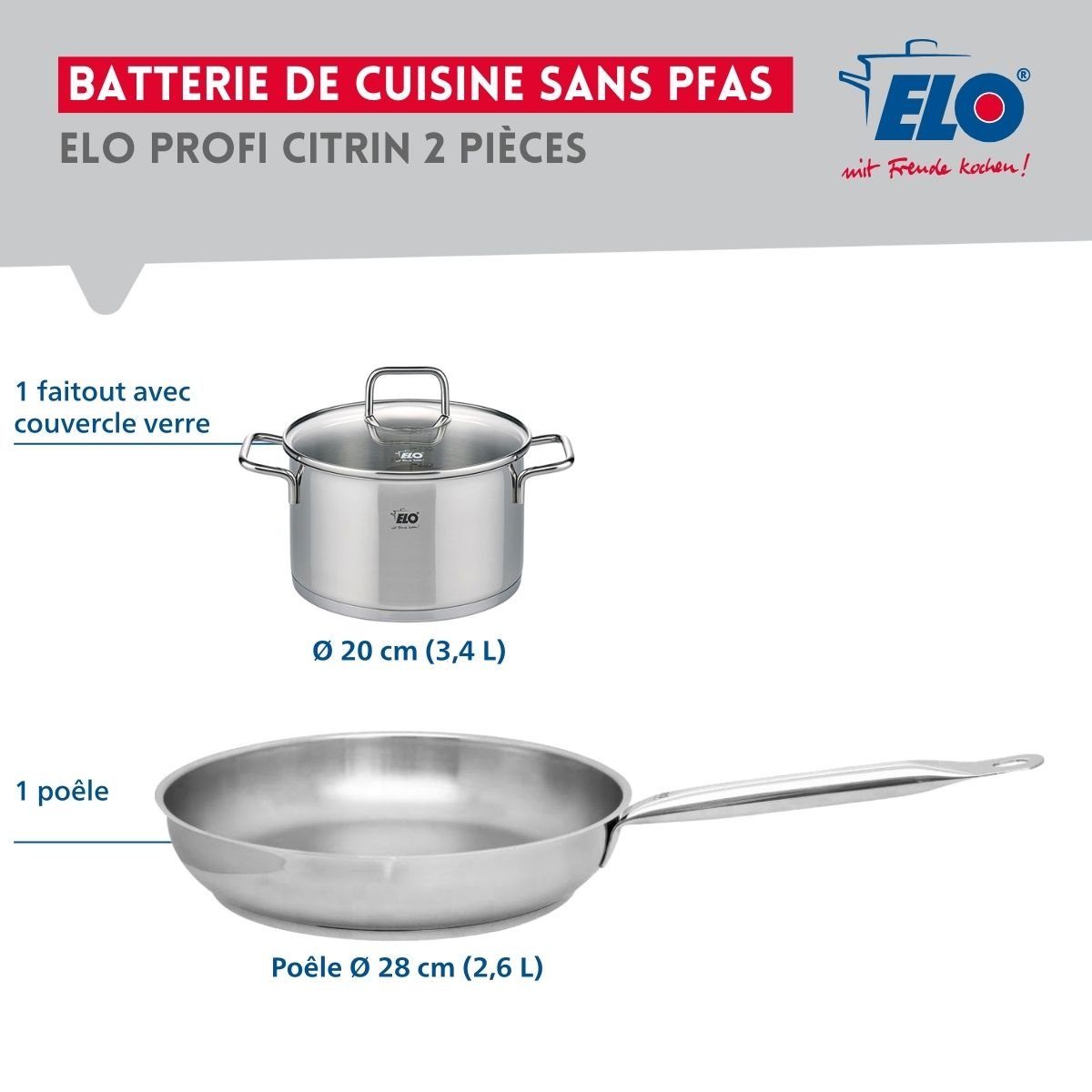 Batterie de cuisine 1 poêle 28cm + 1 faitout 20cm PROFI CITRIN inox, ELO