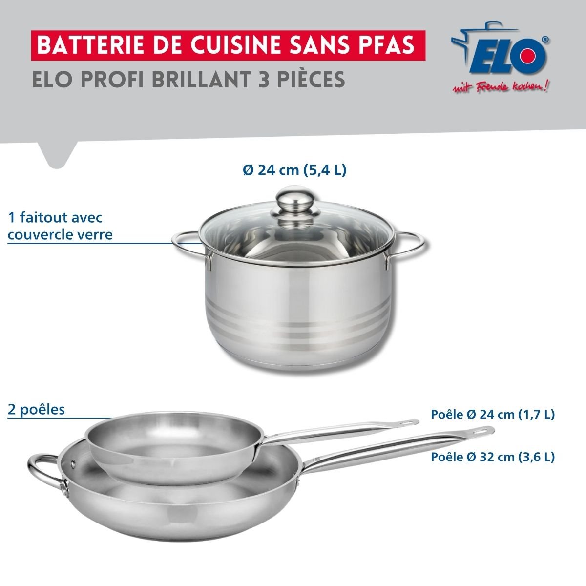 Batterie 2 poêles 24/32cm + 1 faitout 24cm PROFI BRILLANT gris, ELO