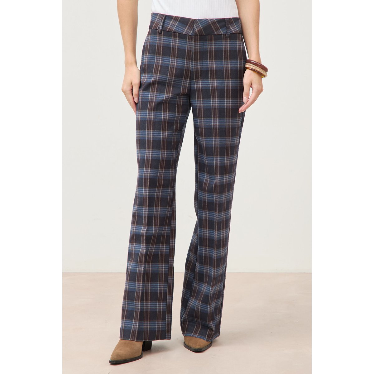 Pantalon flare à carreaux taille haute bleu gris, BONOBO