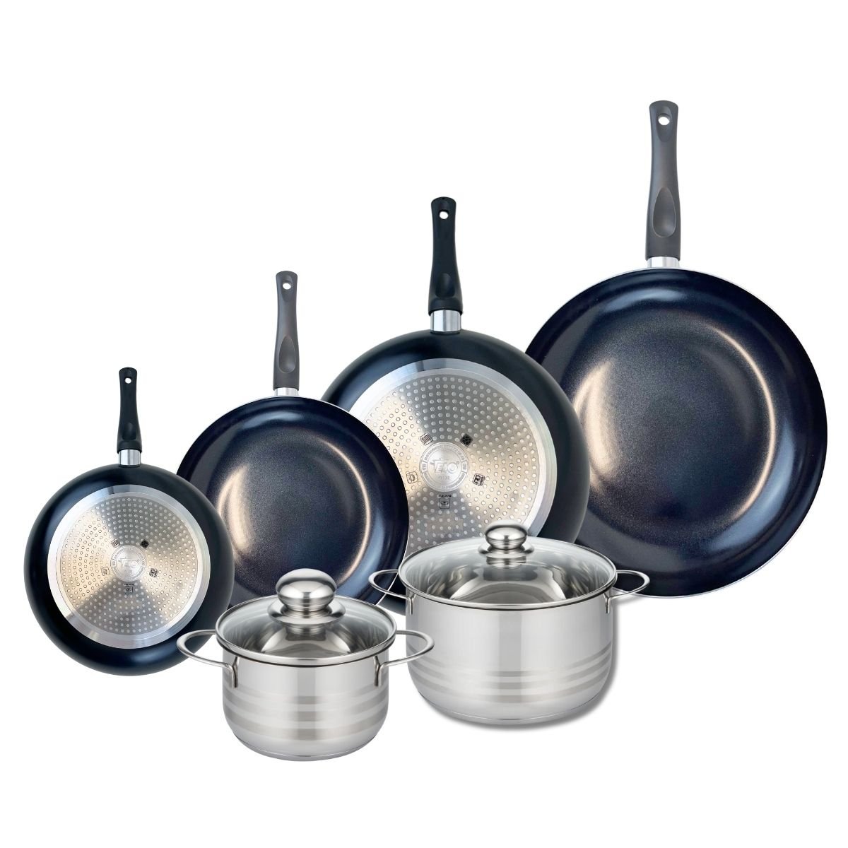 4 poêles 20/24/28/32cm + 2 faitouts 16/20cm PRIMA BRILLANT noir, ELO