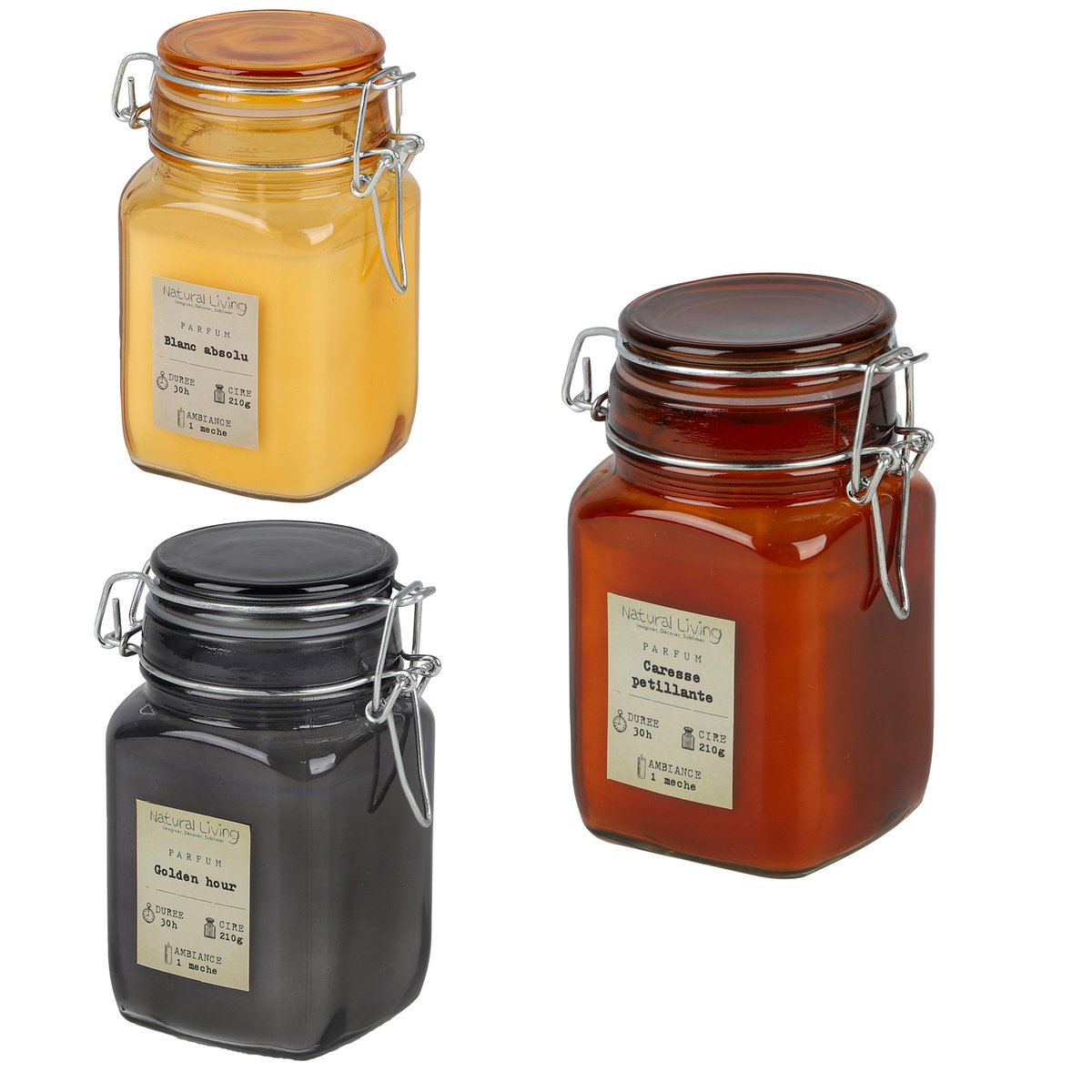 Set de 3 bougies parfumées pots en verre 6.5x6.5x12cm multicolore, WADIGA
