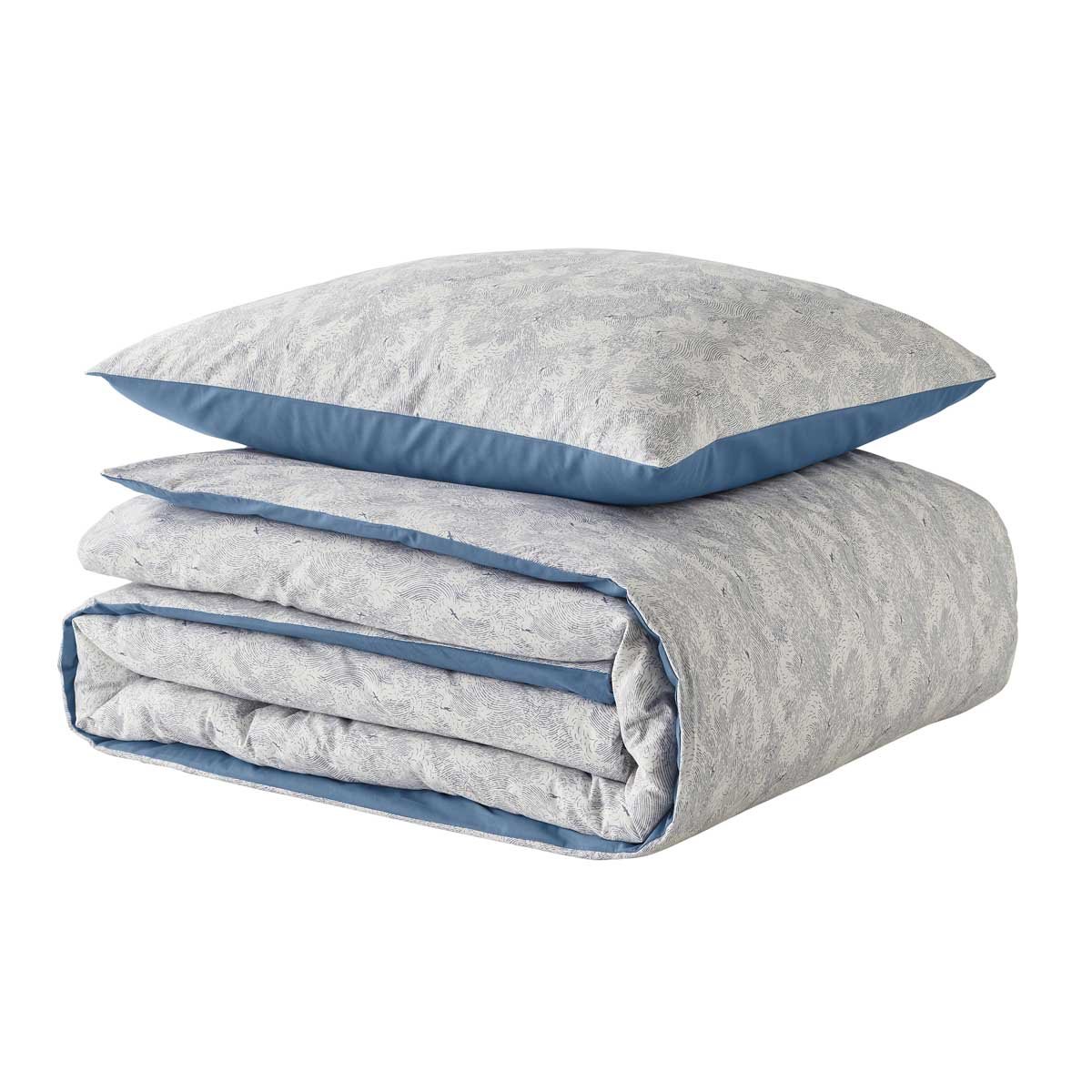 Parure de lit imprimée en percale de coton, taies rectangulaires, EMBRUNS blanc et bleu, A DEMAIN