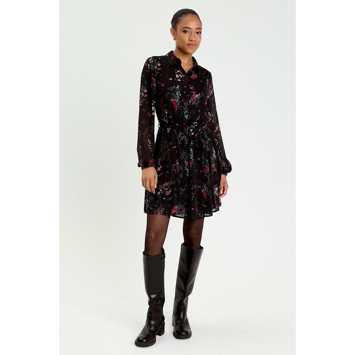 Robe évasée col chemise noir, CACHE CACHE