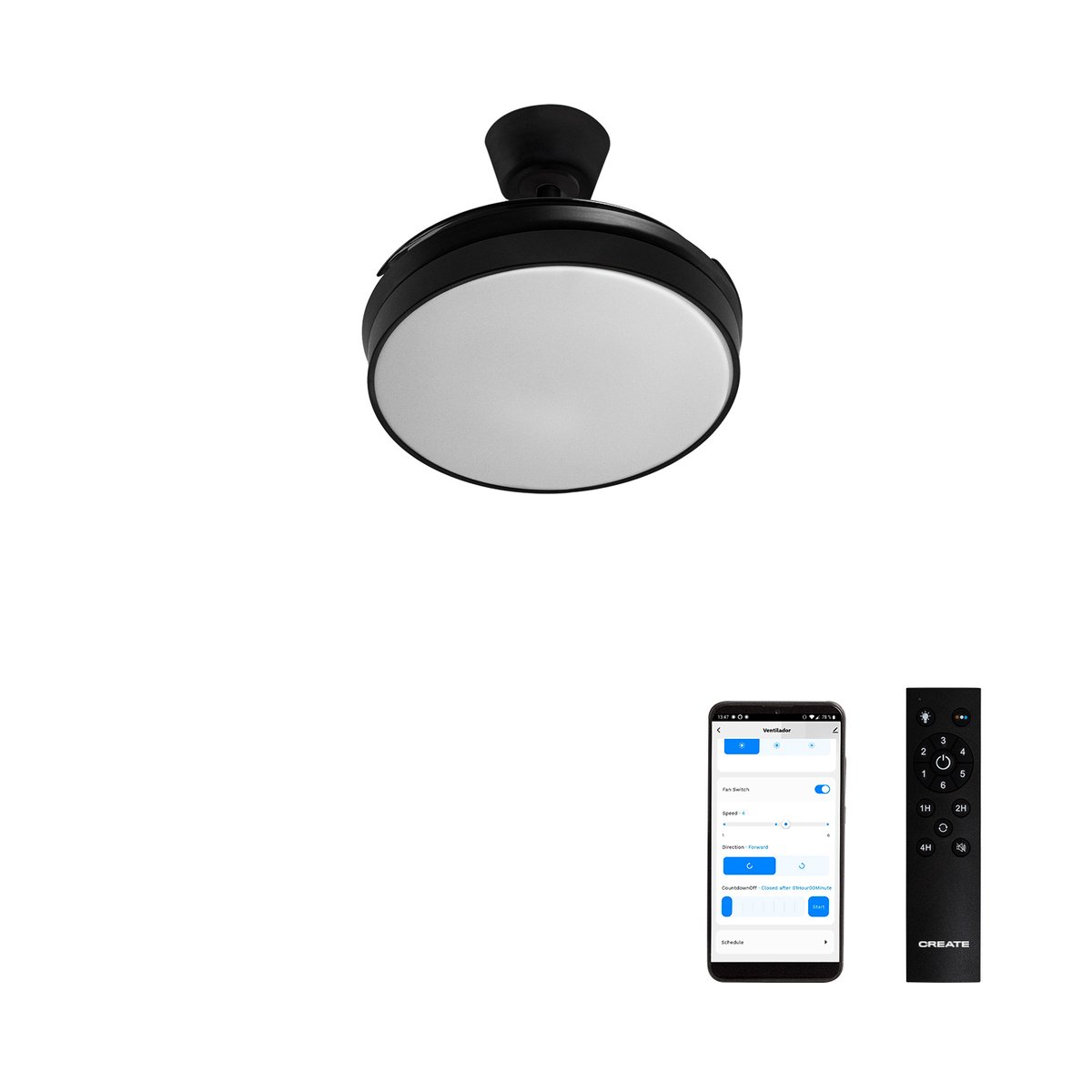 Ventilateur de plafond 40 W avec lumière et Wi-Fi WIND CLEAR EDGE noir/noir, CREATE