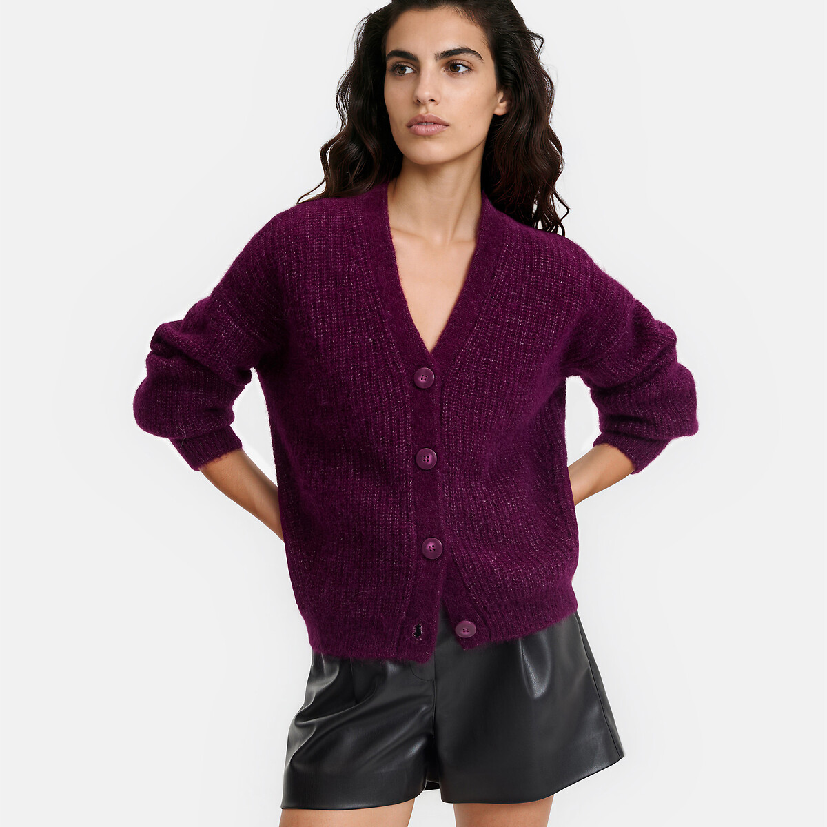 Signatures Gildas Cardigan with V-Neck in Alpaca Mix purple/plum, LA REDOUTE COLLECTIONS