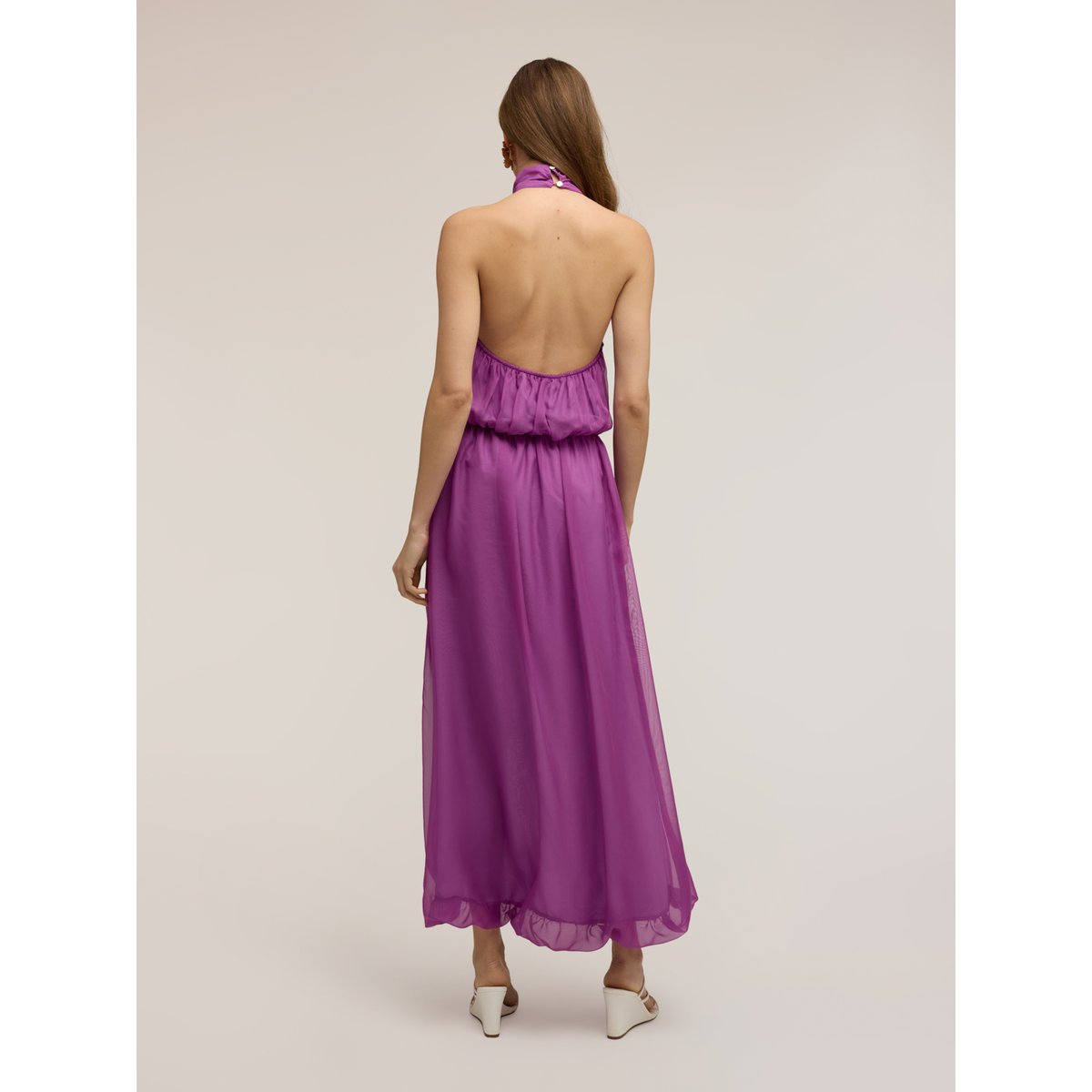 Robe longue asymétrique dos nu violet, MOTIVI