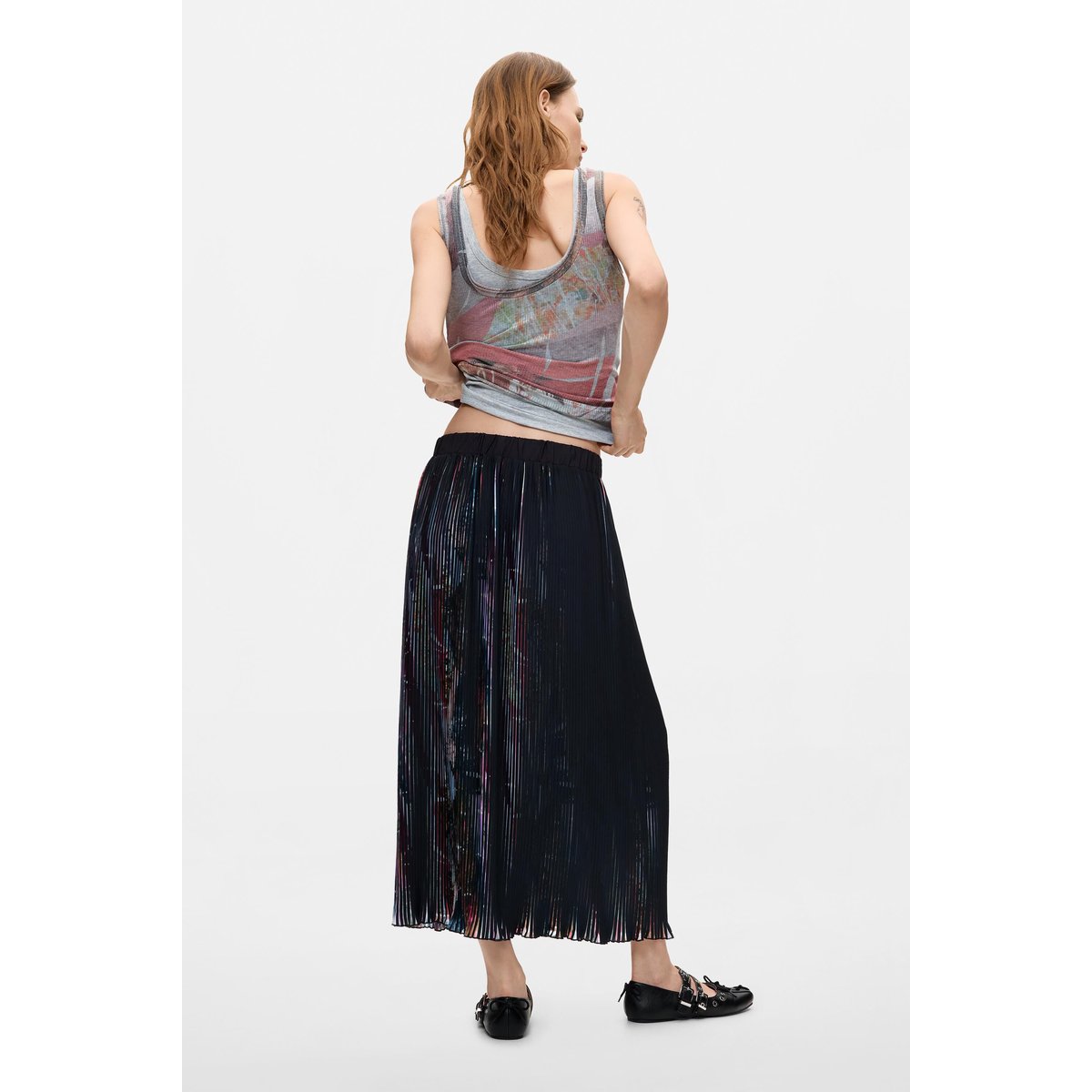 Jupe midi plissée à fleurs noir, DESIGUAL