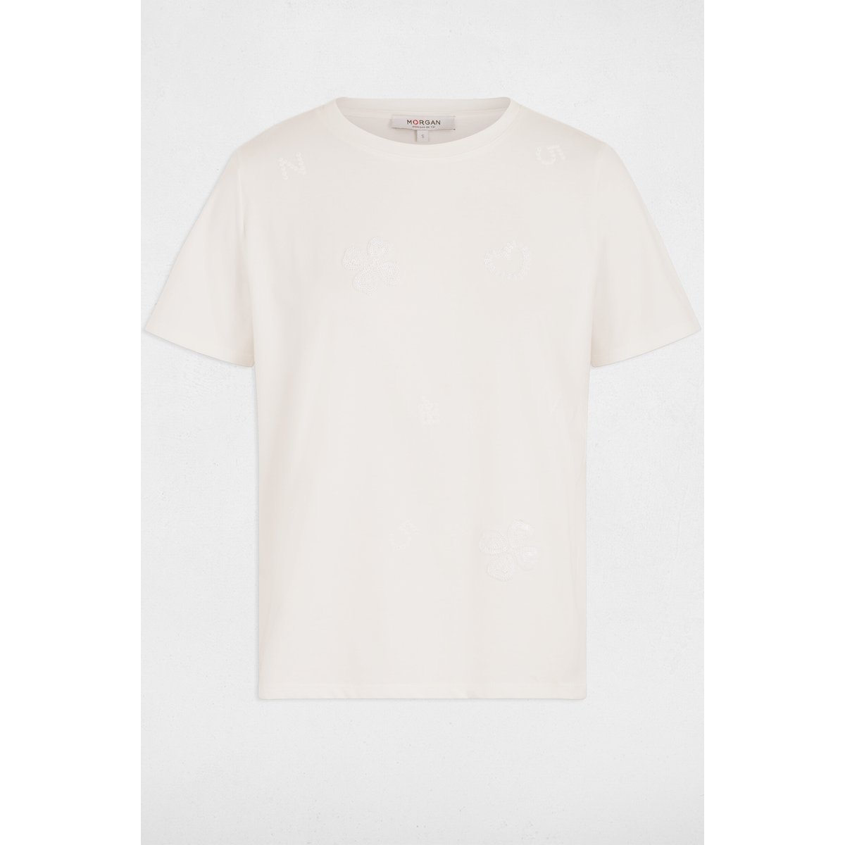 T-shirt brodé col rond blanc, MORGAN
