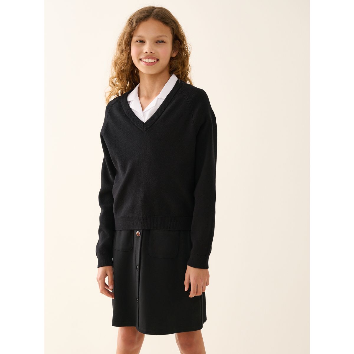 Pull en maille de coton mélangé à col v noir, NEXT