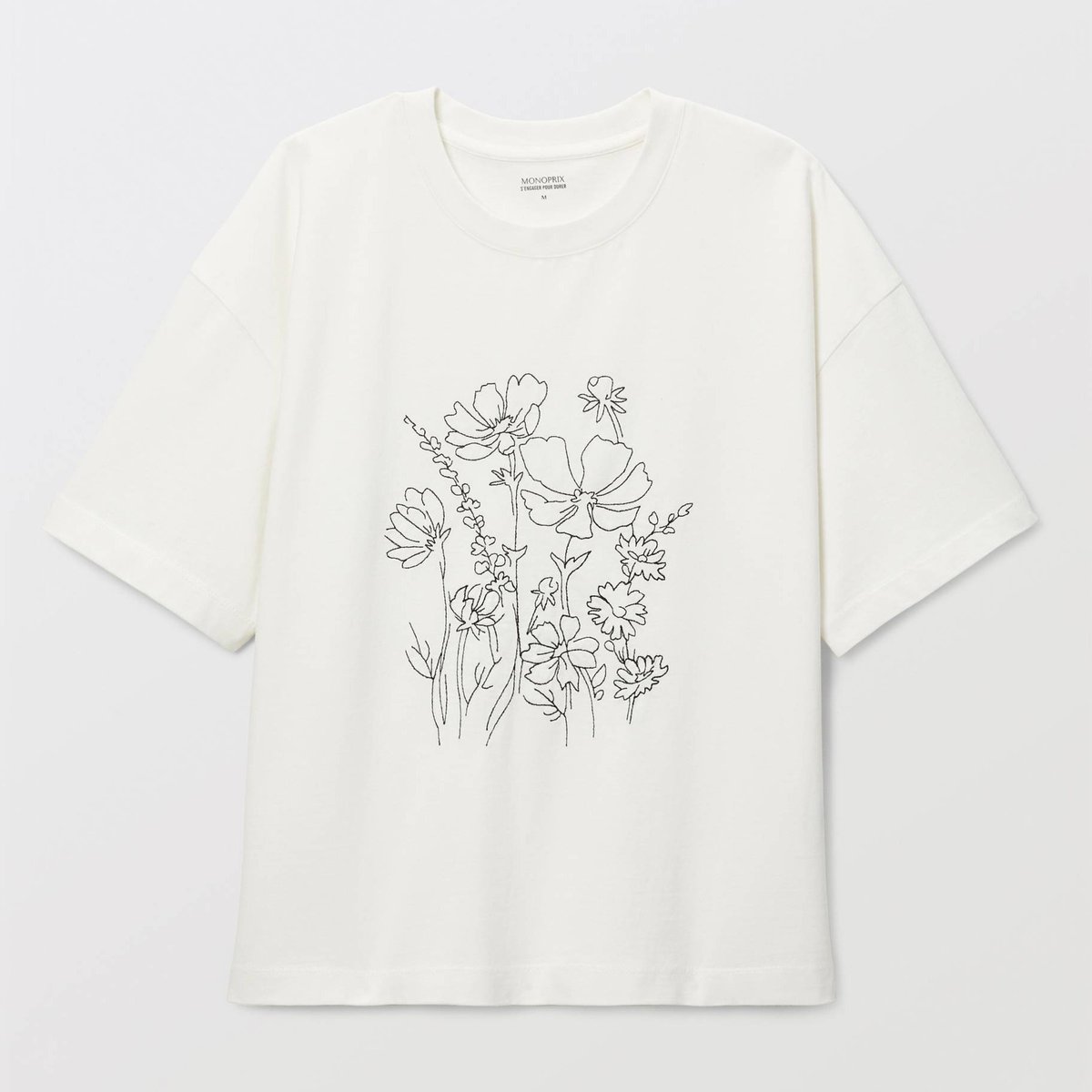 T-shirt col rond broderie fleur en coton bio GOTS ecru, MONOPRIX