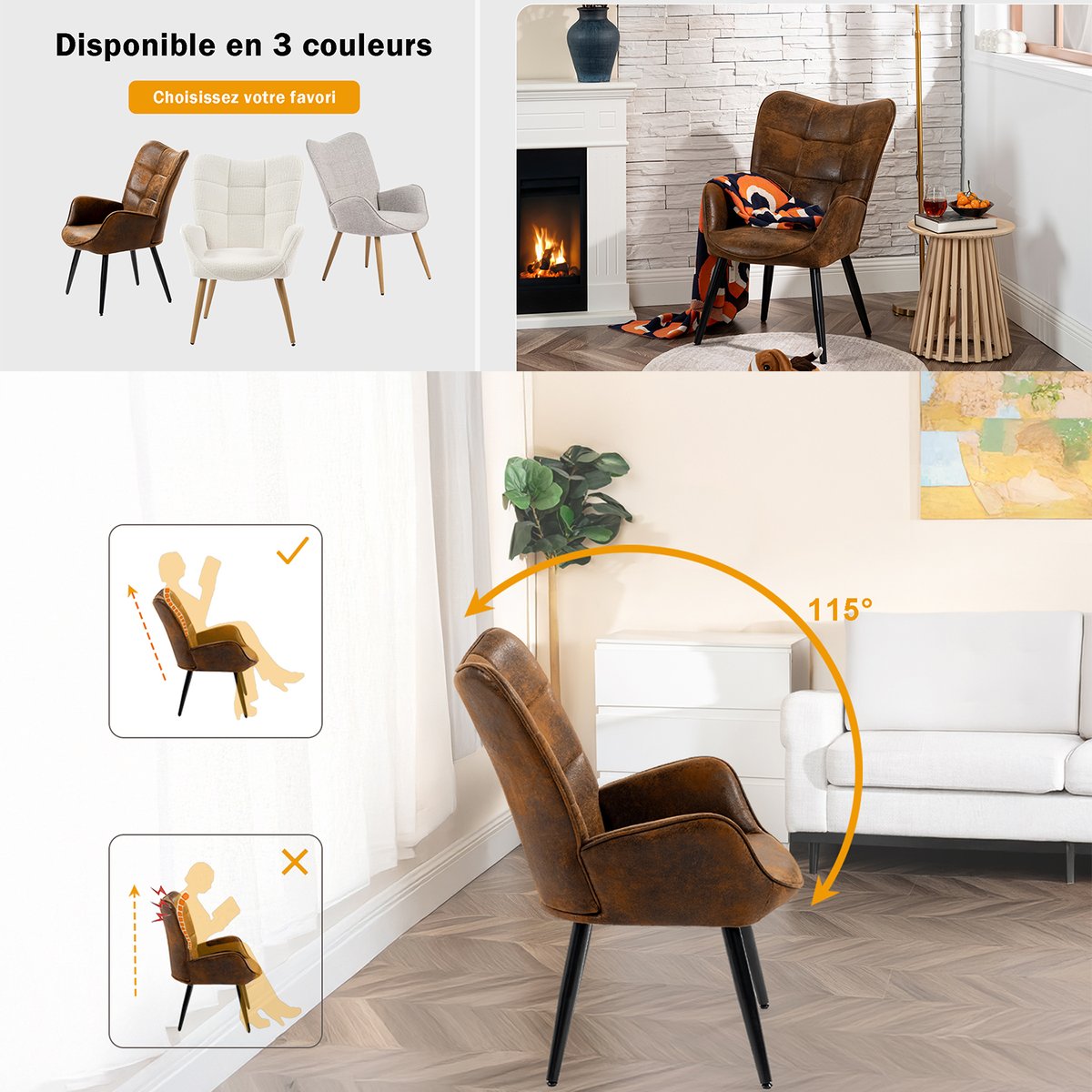Fauteuil confortable bas style rétro vintage dossier moyen assise confortable pieds métal, KANAS marron, MEUBLES COSY