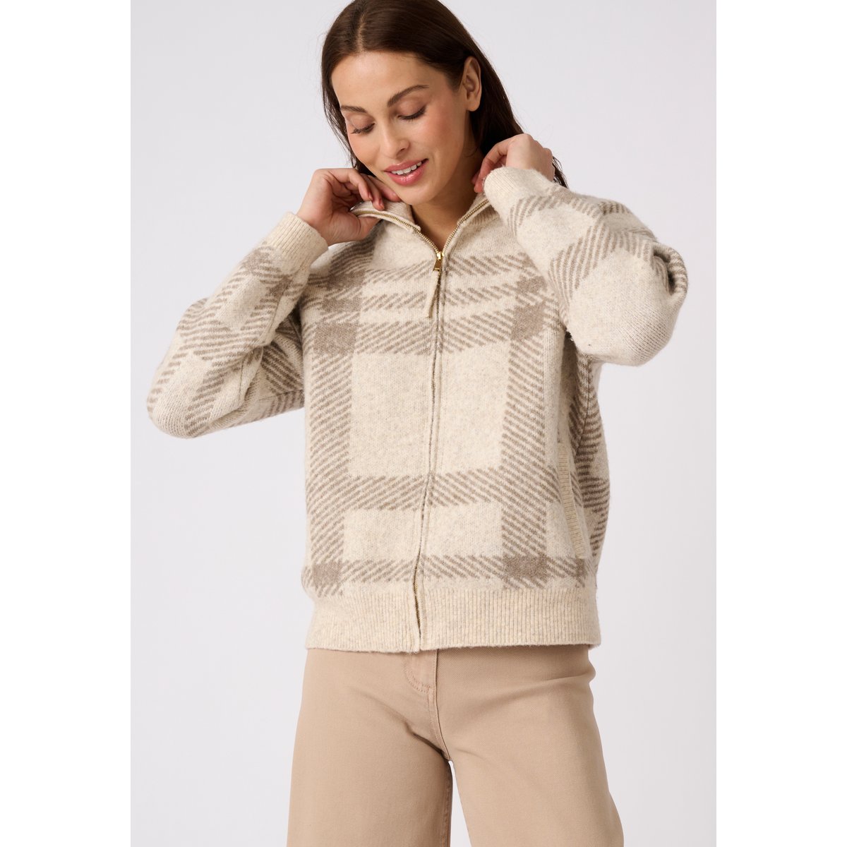 Gilet zippé maille jacquard Thermolactyl marron taupe carreaux, DAMART
