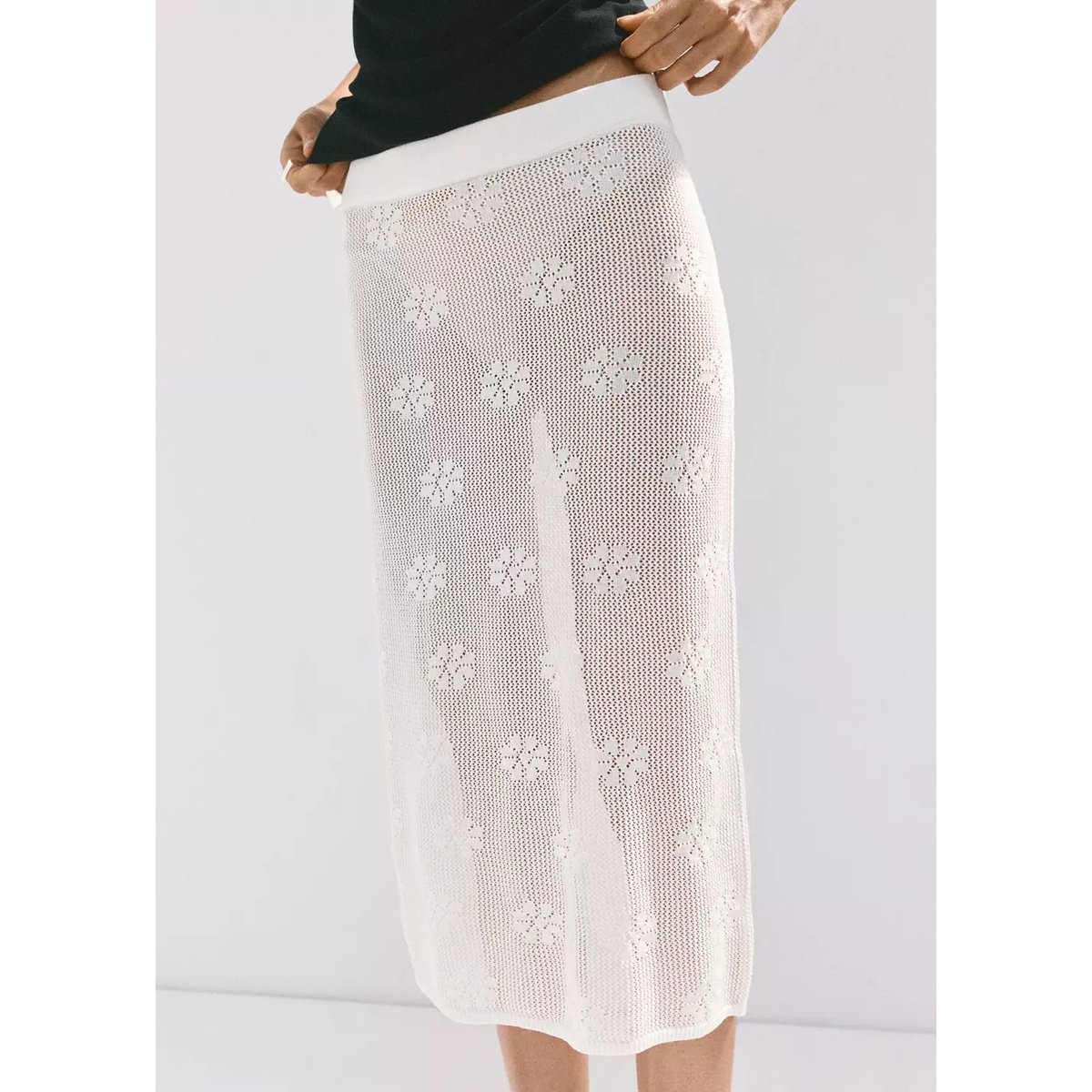 Jupe en crochet semi-transparente à fleurs blanc, MANGO