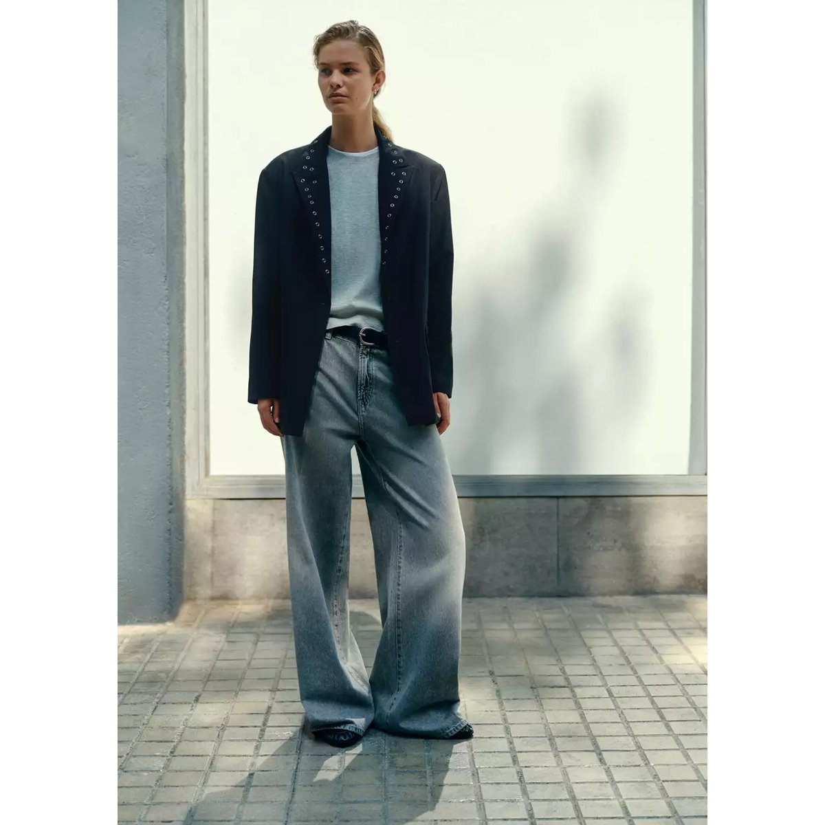 Blazer à revers œillets gris, MANGO TEEN