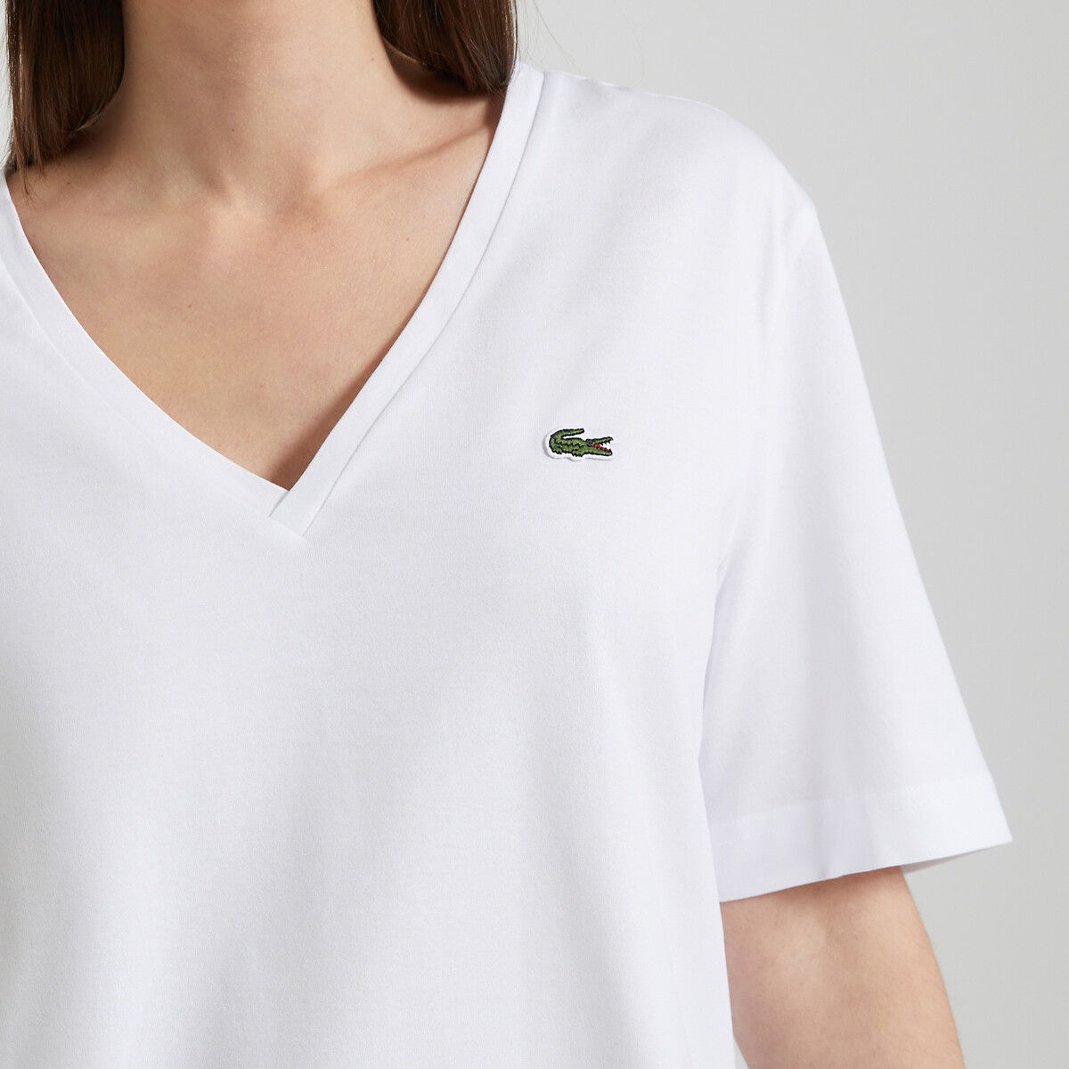 T-shirt décontracté à col V blanc, LACOSTE