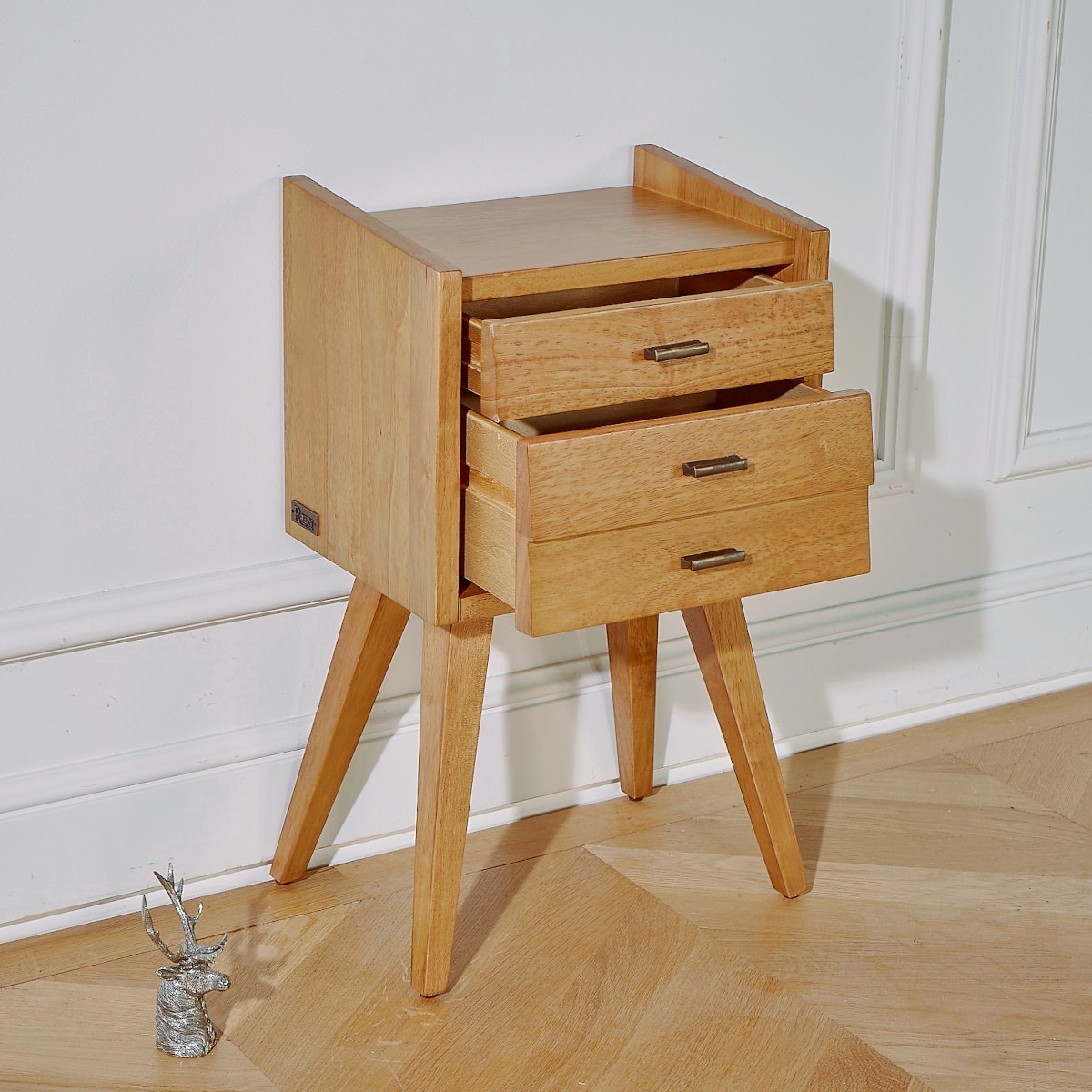 Chevet en hévéa style scandinave, 2 tiroirs NICOLAS beige, ROBIN DES BOIS