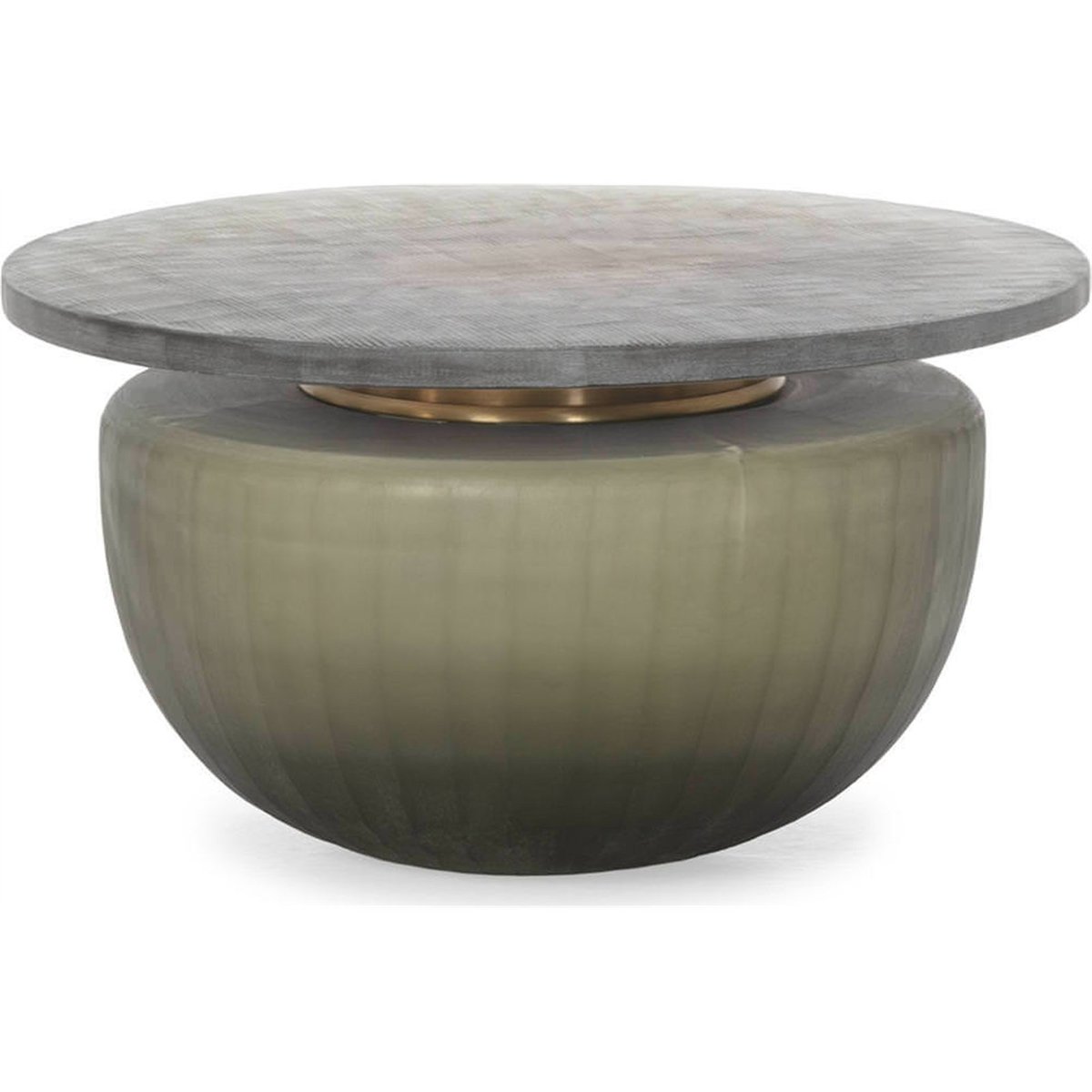 Table basse ronde en verre sculpté fumé transparent finition pierre, RECOLLECTION