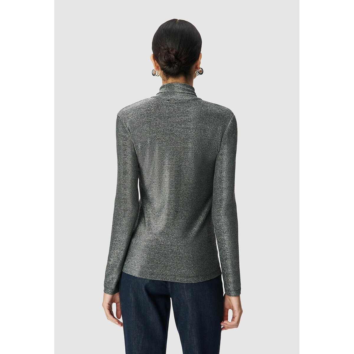 Long Sleeve Pussy-Bow Collar Metallic Knit T-Shirt chalk, IKKS