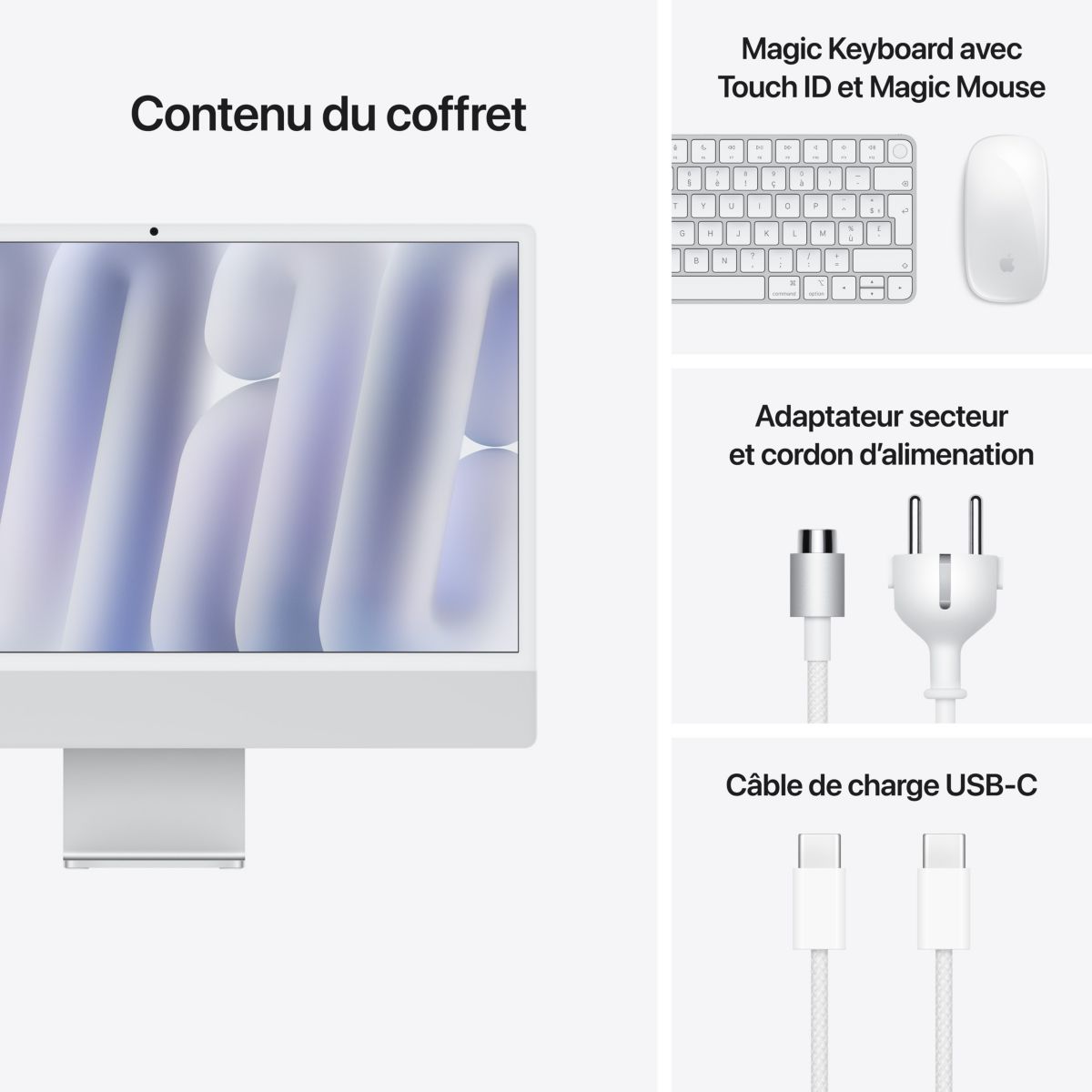 Ordinateur Apple 24" Ecran Retina 4,5K Puce M4 CPU 10 / GPU 10 coeurs Mémoire RAM 16Go Stockage 256Go SSD Argent couleur unique, APPLE
