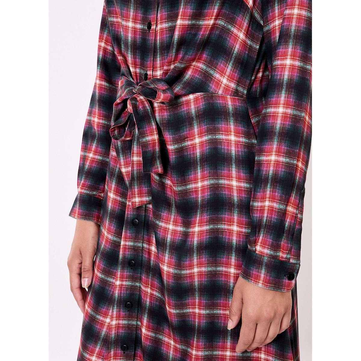 Robe chemise midi fluide à nouer TESSY rouge check, LA FIANCÉE