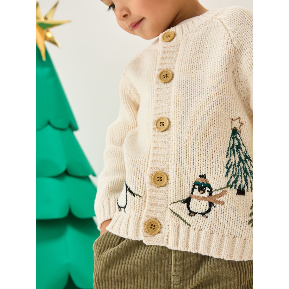 Cardigan à motif de noël pingouin crème, NEXT