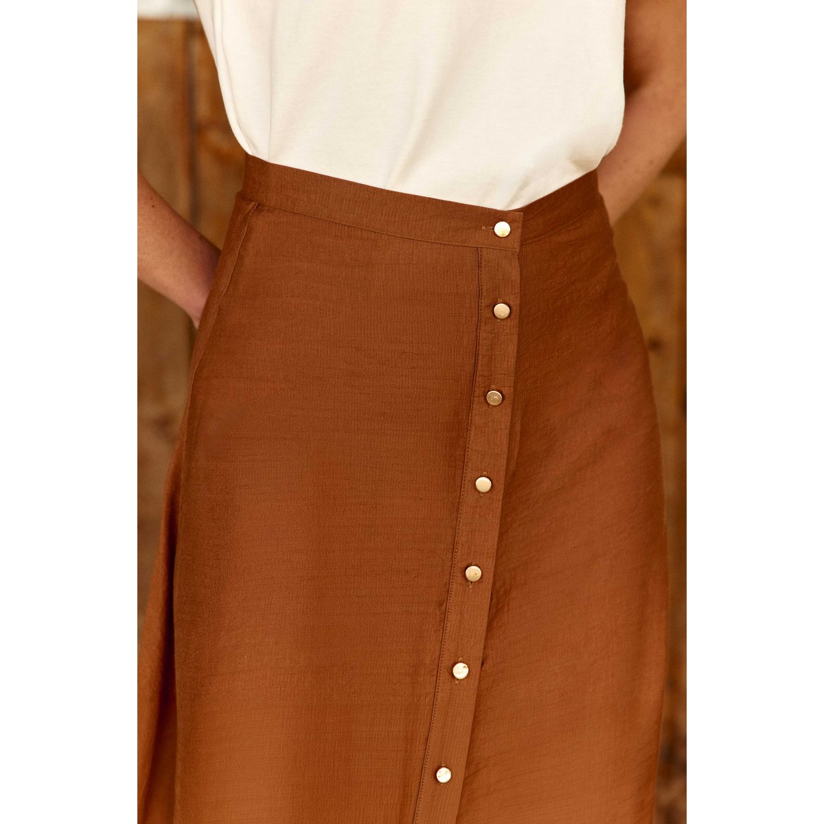 Jupe longueur midi évasée imprimé broderie JAELA 15-camel, LA PETITE ETOILE