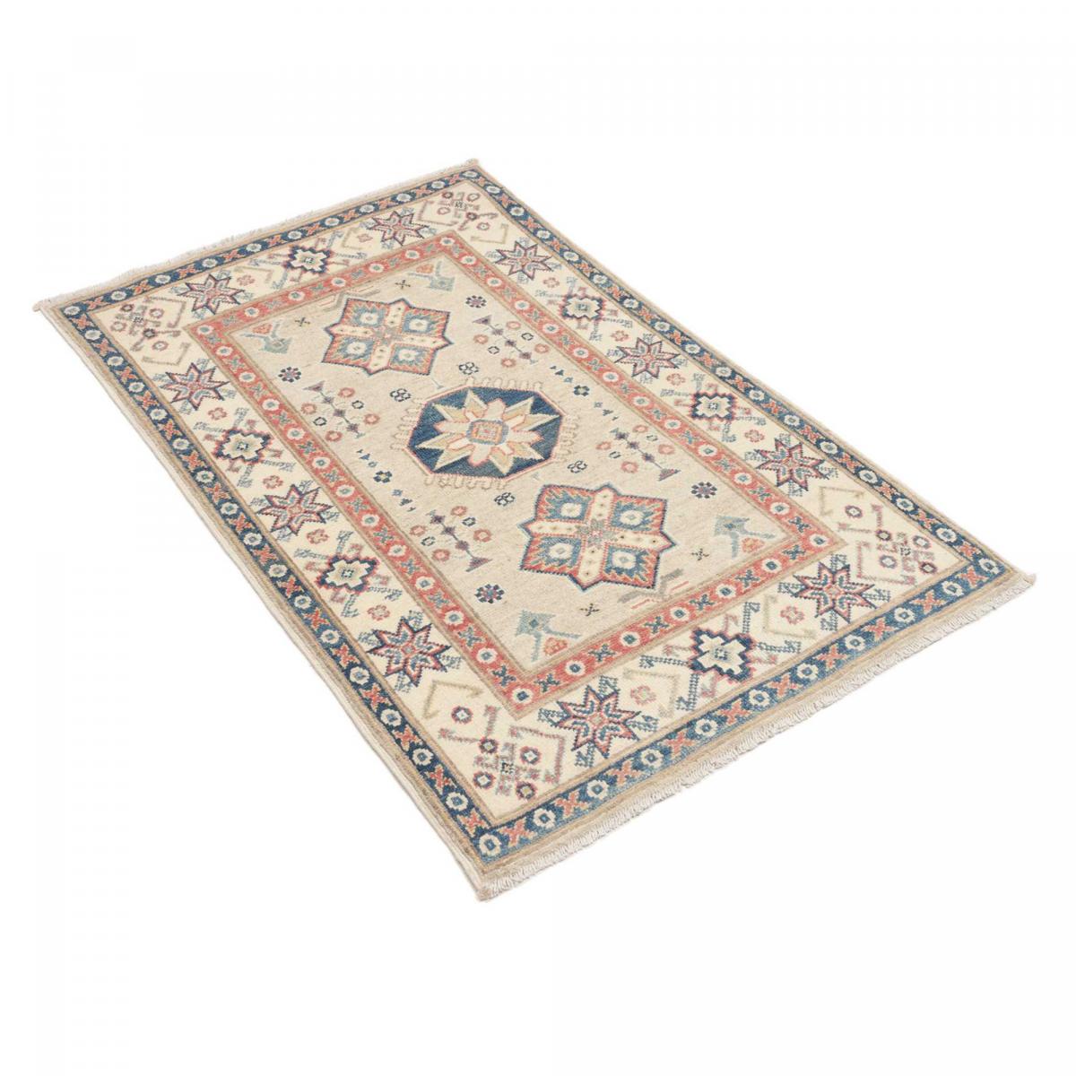 Tapis salon géométrique artisanal, noué main, KAZAK CO 63 crème, bleu, rouge, UN AMOUR DE TAPIS