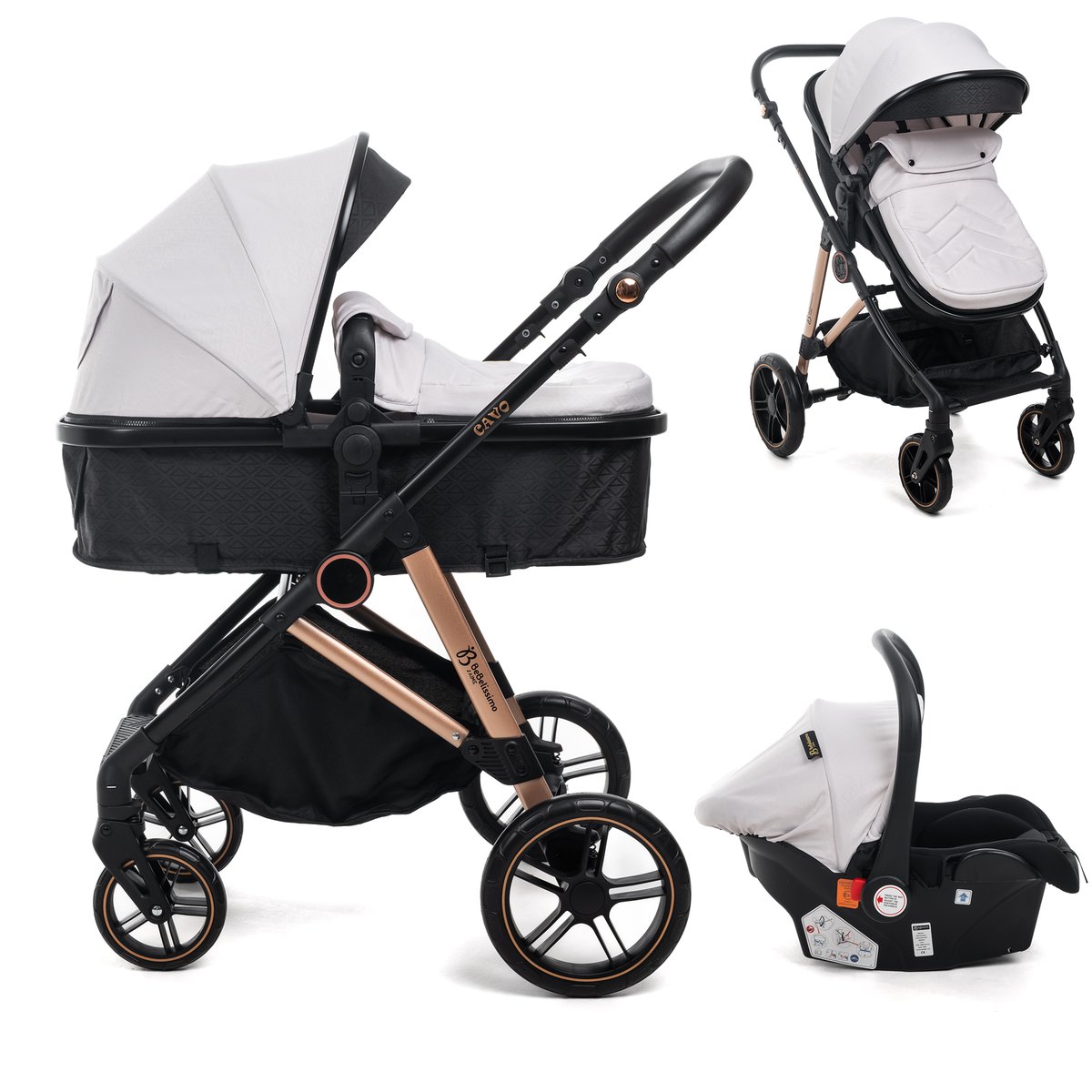 Poussette combinée trio 3 en 1 - siège auto 0+ CAVO – nacelle – dès la naissance – jusqu’à 22kg - beige couleur unique, BEBELISSIMO J'AIME