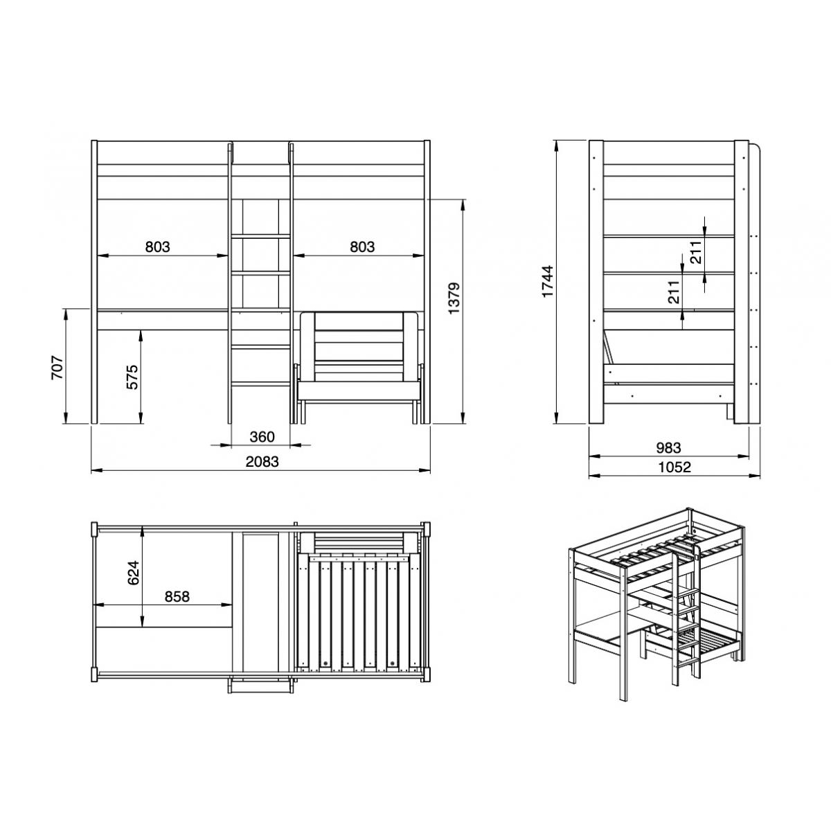 PINO Lit mezzanine et fauteuil laqué couleur unique, VIPACK