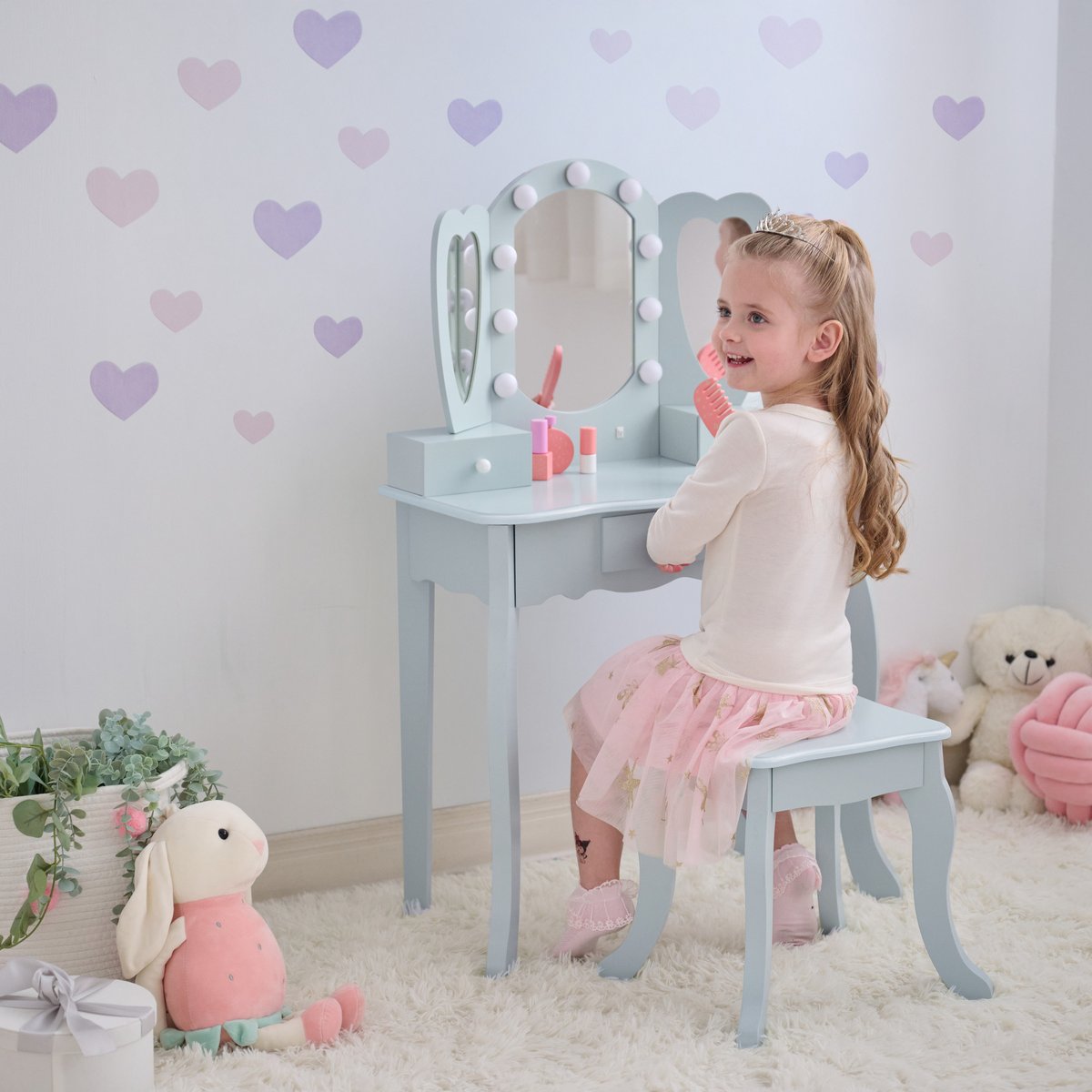 Coiffeuse cœur avec miroir LED & tiroirs blue, TEAMSON KIDS
