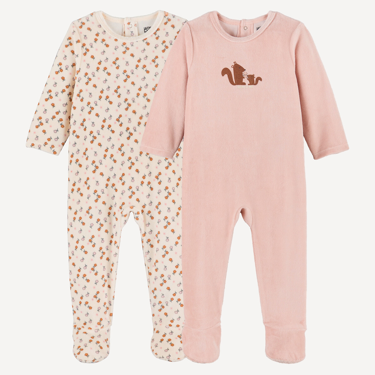 Set di 2 pigiami a un pezzo, in velluto, con motivi floreali e scoiattoli assortiti , LA REDOUTE COLLECTIONS