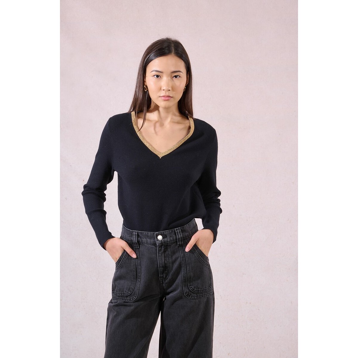Jumper with Iridescent Collar Trim black, MOLLY BRACKEN