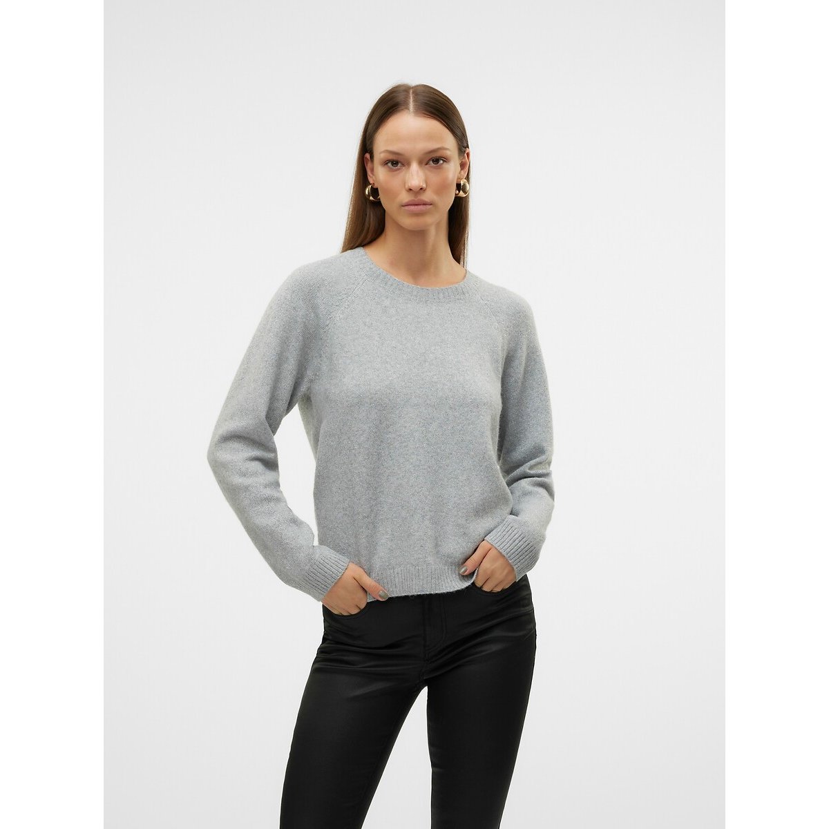 Pull col rond en fil textile gris pailleté, VERO MODA